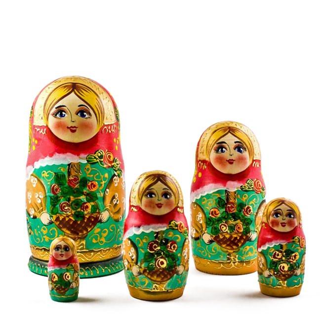 5 Girls with Basket Flowers Nesting Dolls  6.5 Inches - Image 2