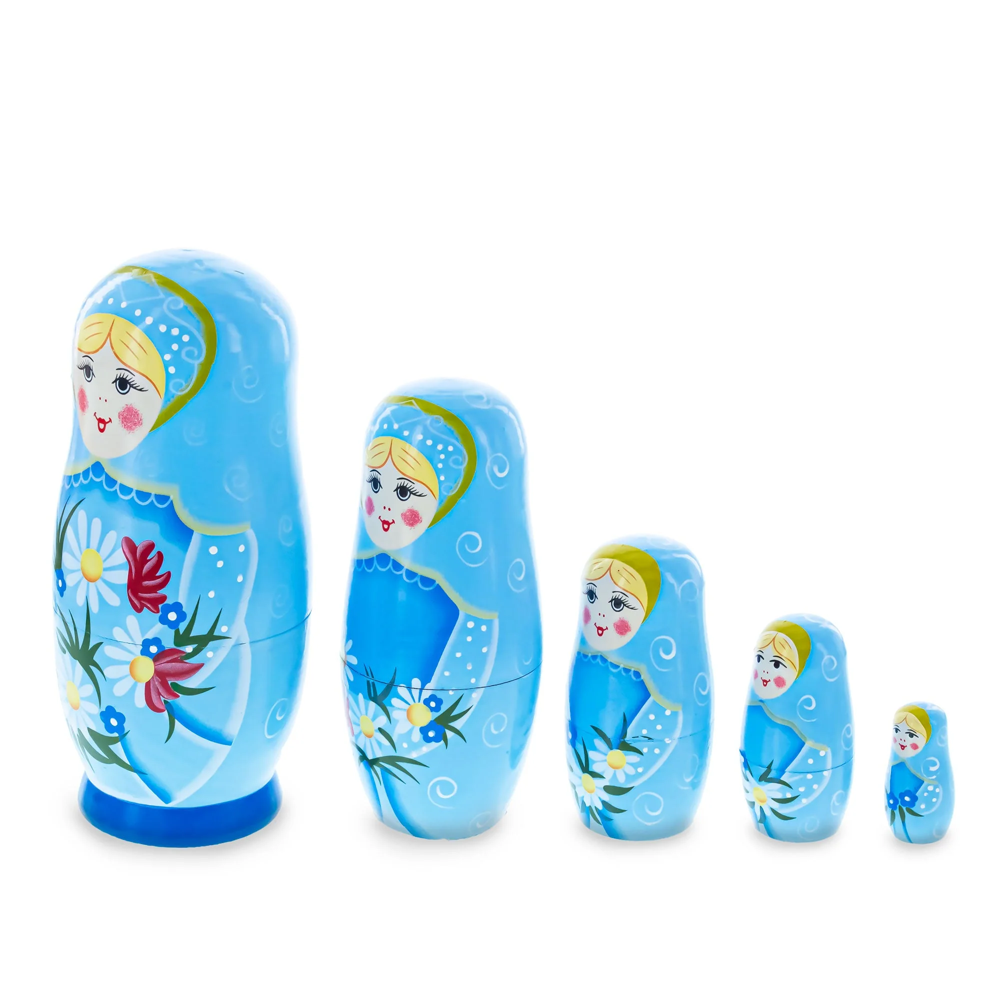 5 Girls with Daisy Flowers & Blue Skirt Wooden Nesting Dolls 6 Inches - Image 2