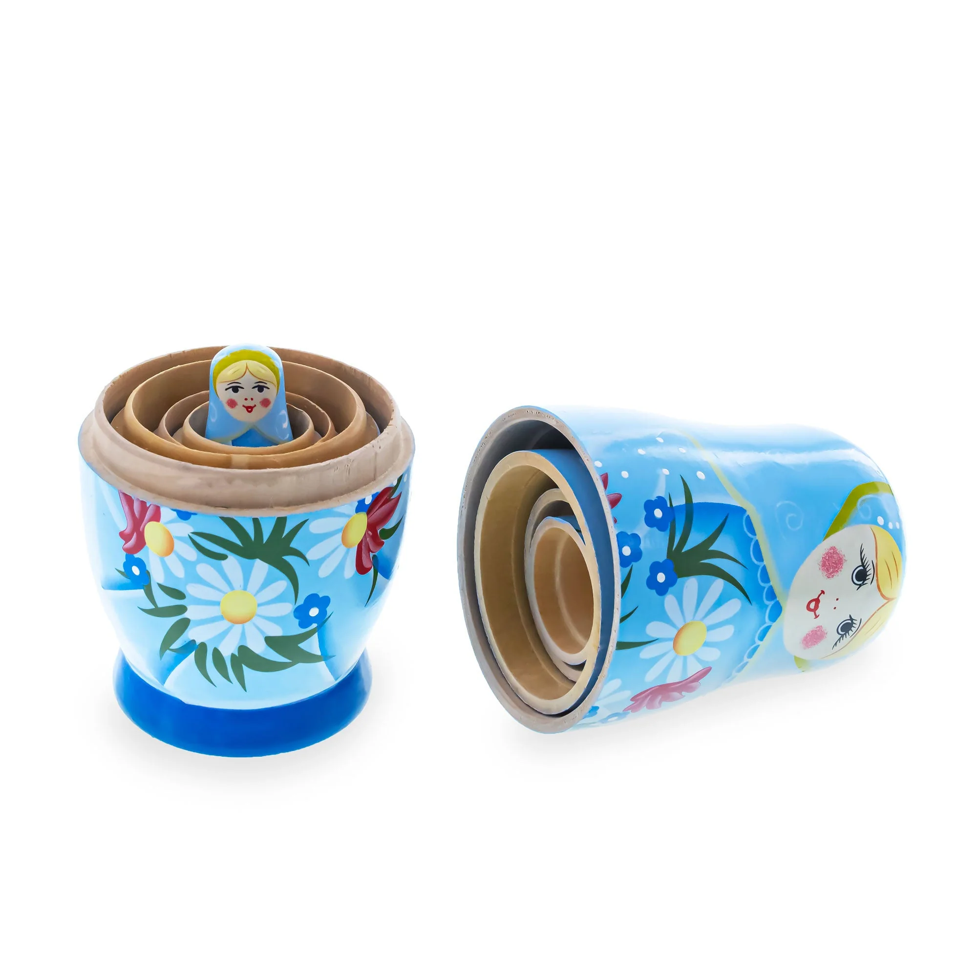 5 Girls with Daisy Flowers & Blue Skirt Wooden Nesting Dolls 6 Inches - Image 3