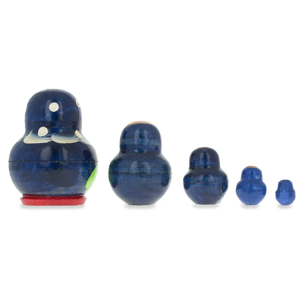 5 Miniature Strawberry Blue Dress Nesting Dolls 1.75 Inches - Image 2