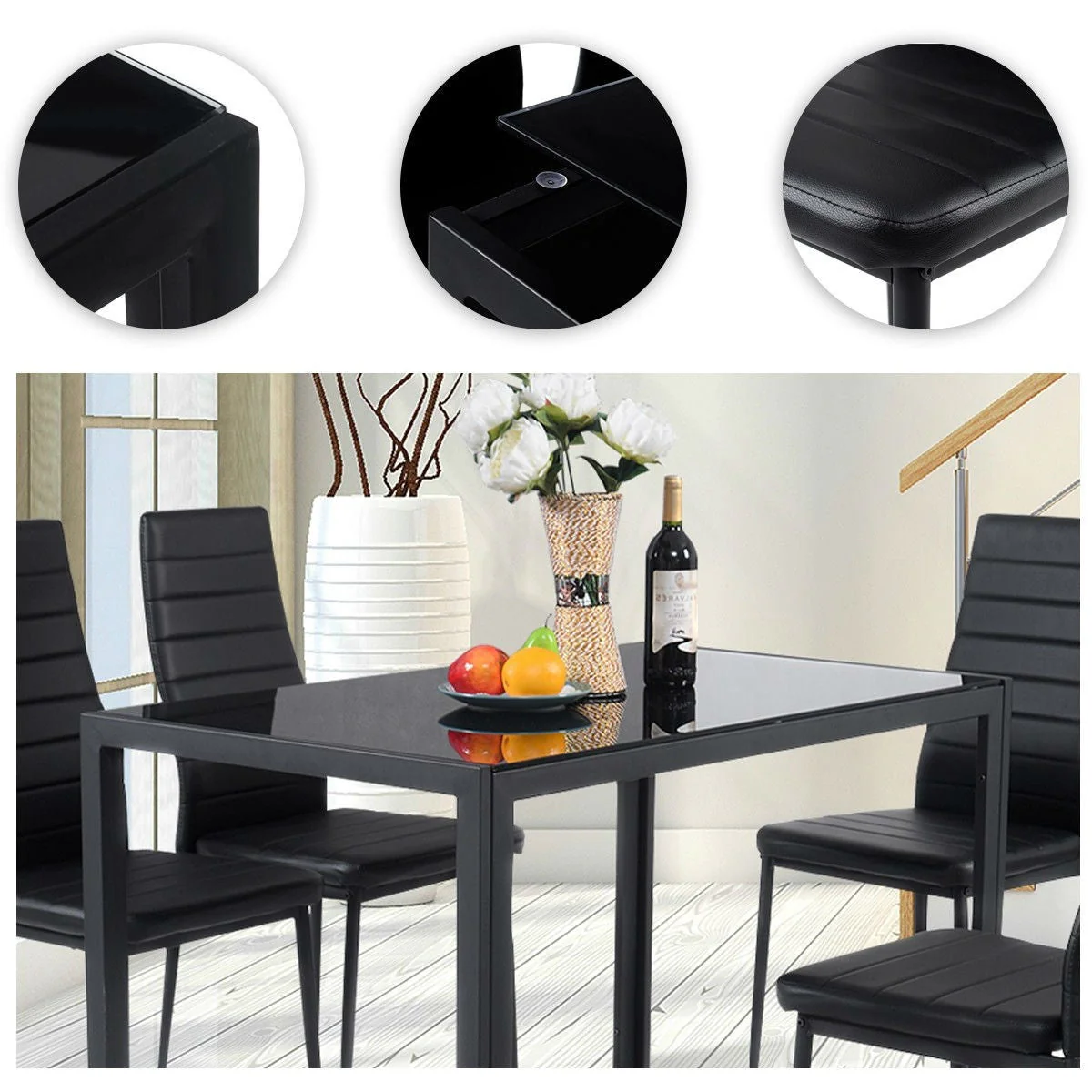 5 Piece Black Glass Tabletop Dining Set With Soft Leather Chairs - Image 2