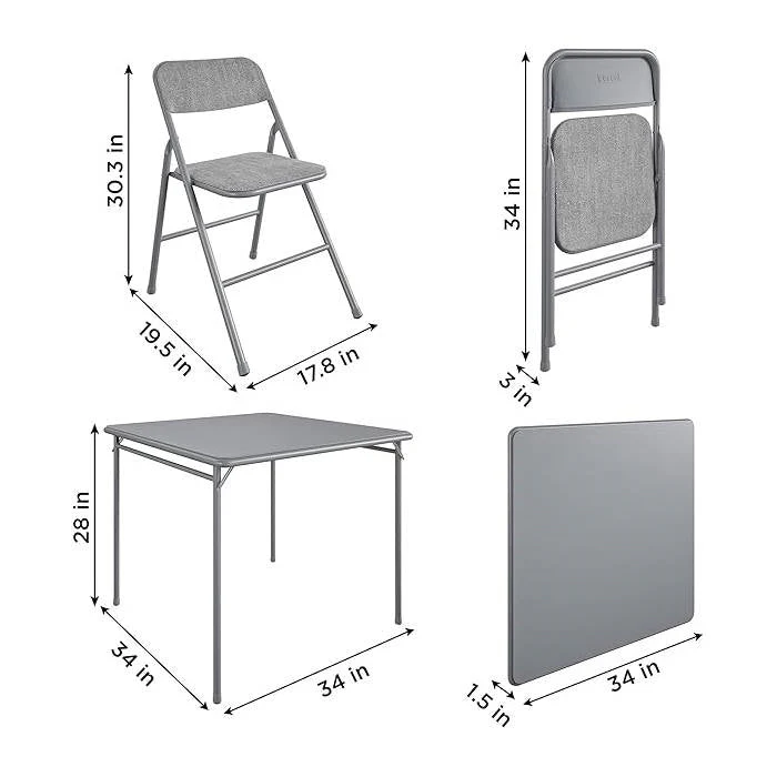 5-Piece Square Folding Dining Table and 4 Chairs Set in Grey - Image 4
