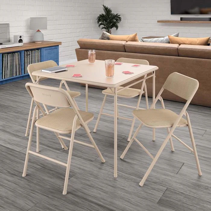 5-Piece Square Folding Dining Table with 4 Chairs Guest Set Game Table - Beige - Image 2