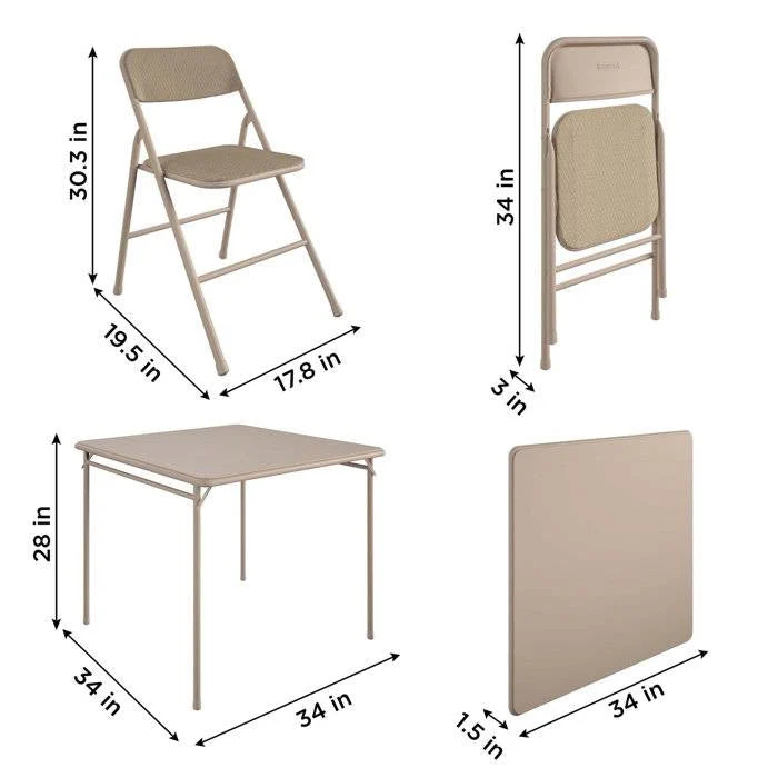 5-Piece Square Folding Dining Table with 4 Chairs Guest Set Game Table - Beige - Image 5