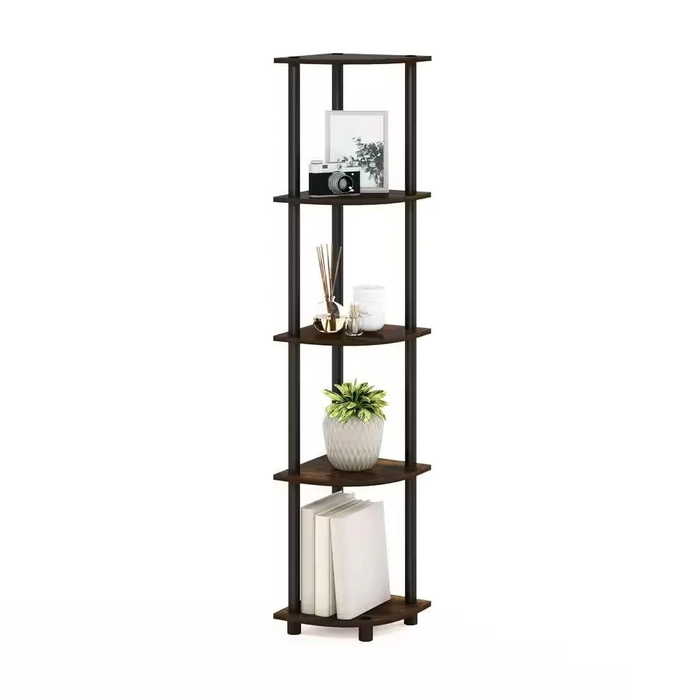 5-Shelf Modern Corner Bookcase in Black Brown Wood Finish - Image 3
