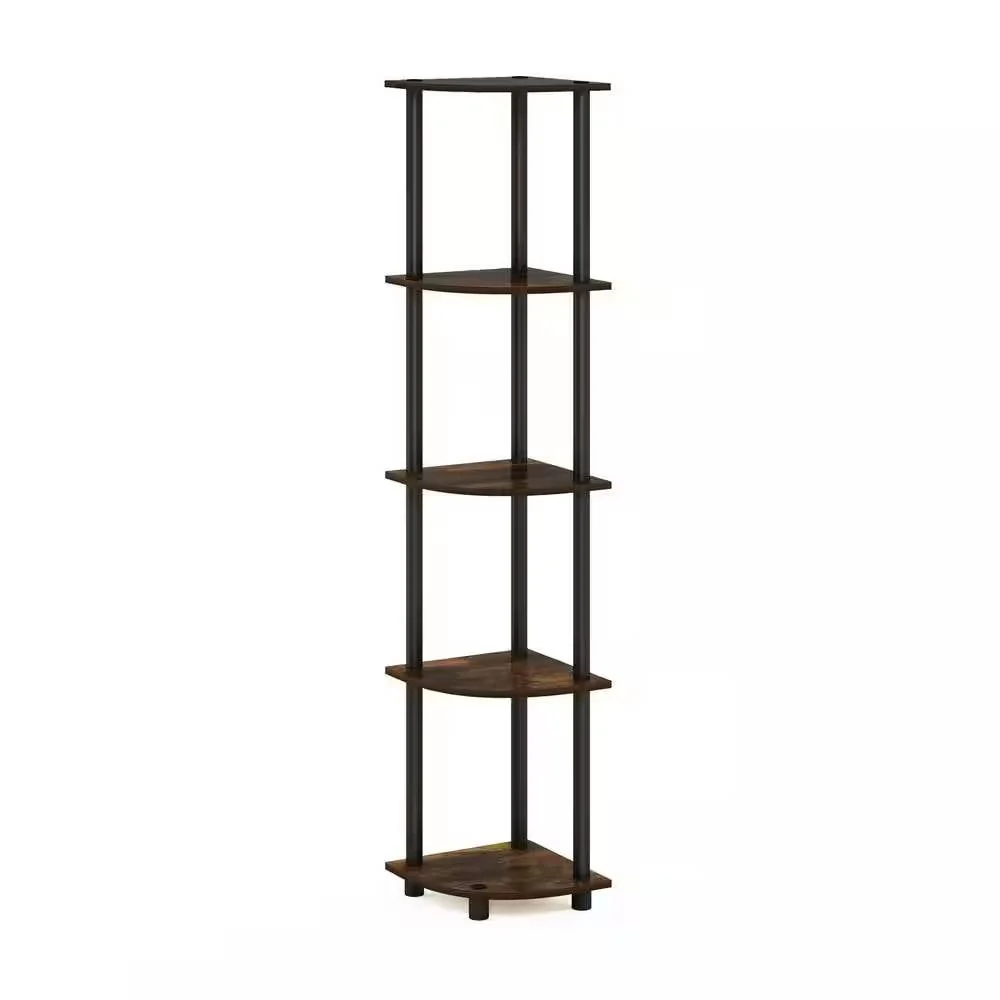 5-Shelf Modern Corner Bookcase in Black Brown Wood Finish - Image 4