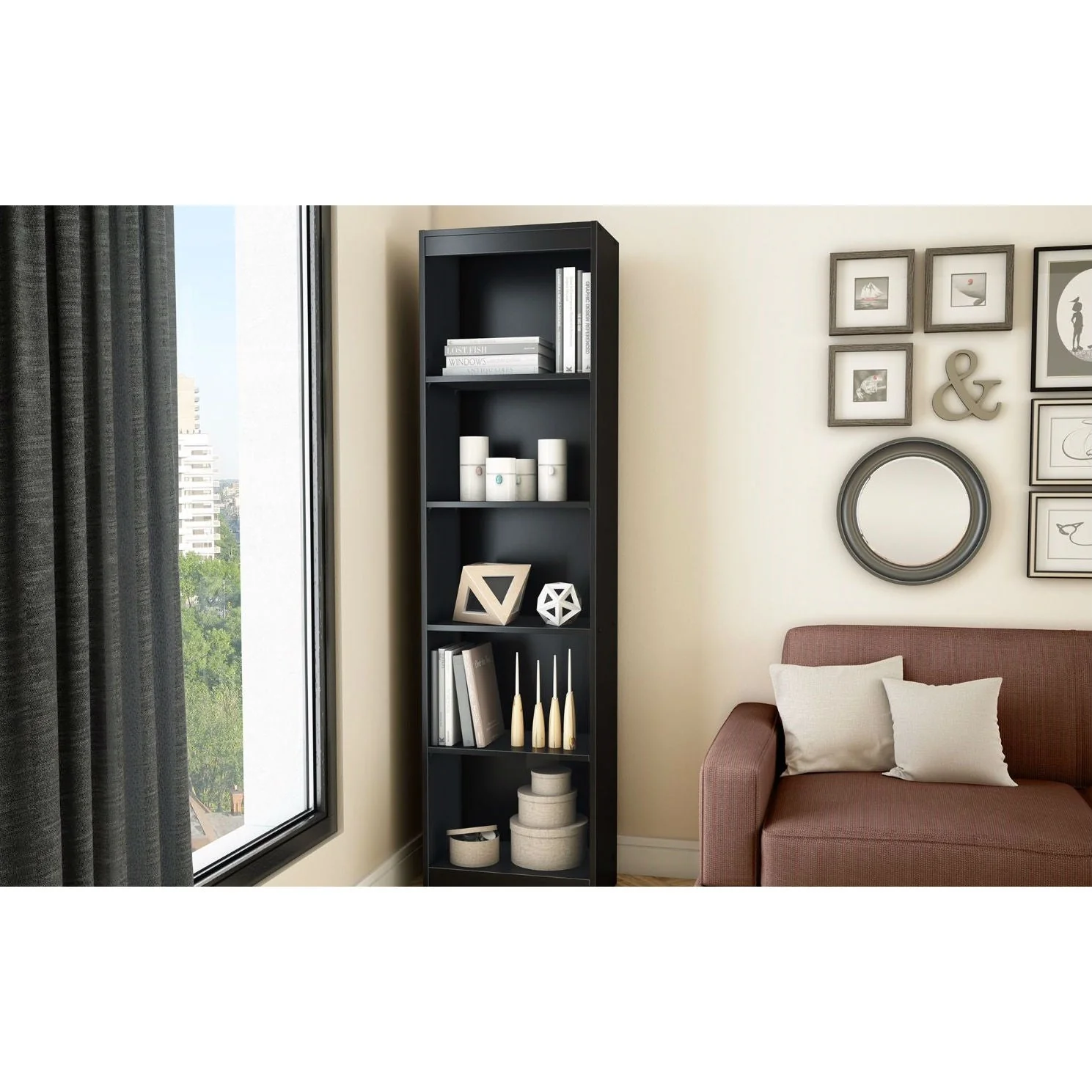 5-Shelf Narrow Bookcase Black Finish - Image 2