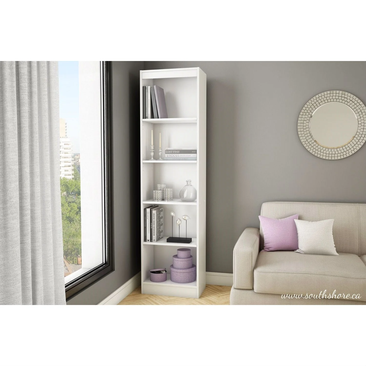 5-Shelf Narrow Bookcase Storage Shelves in White Wood Finish - Image 2