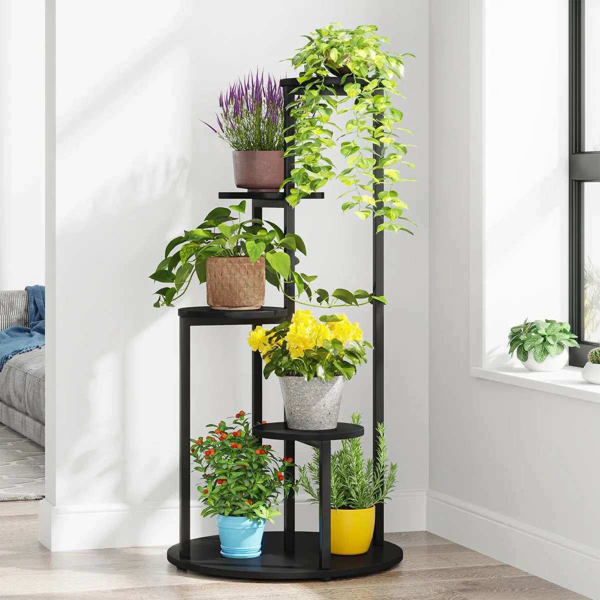 5-Tier Indoor Plant Stand with Black Metal Frame and Brown Wood Finish Shelves - Image 2