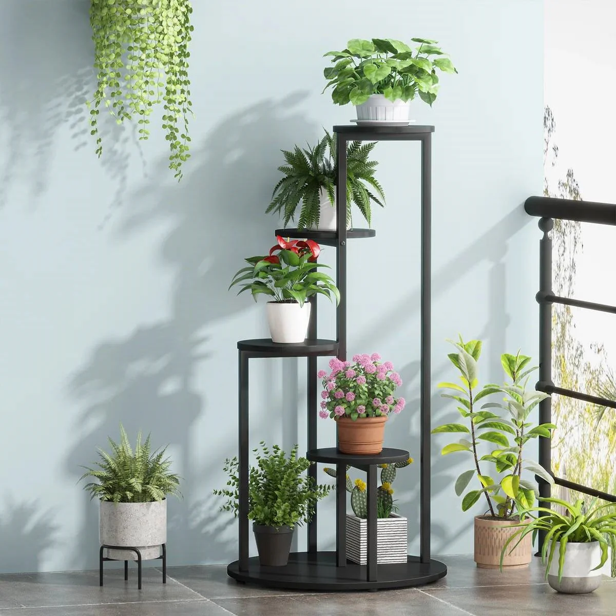5-Tier Indoor Plant Stand with Black Metal Frame and Brown Wood Finish Shelves - Image 3