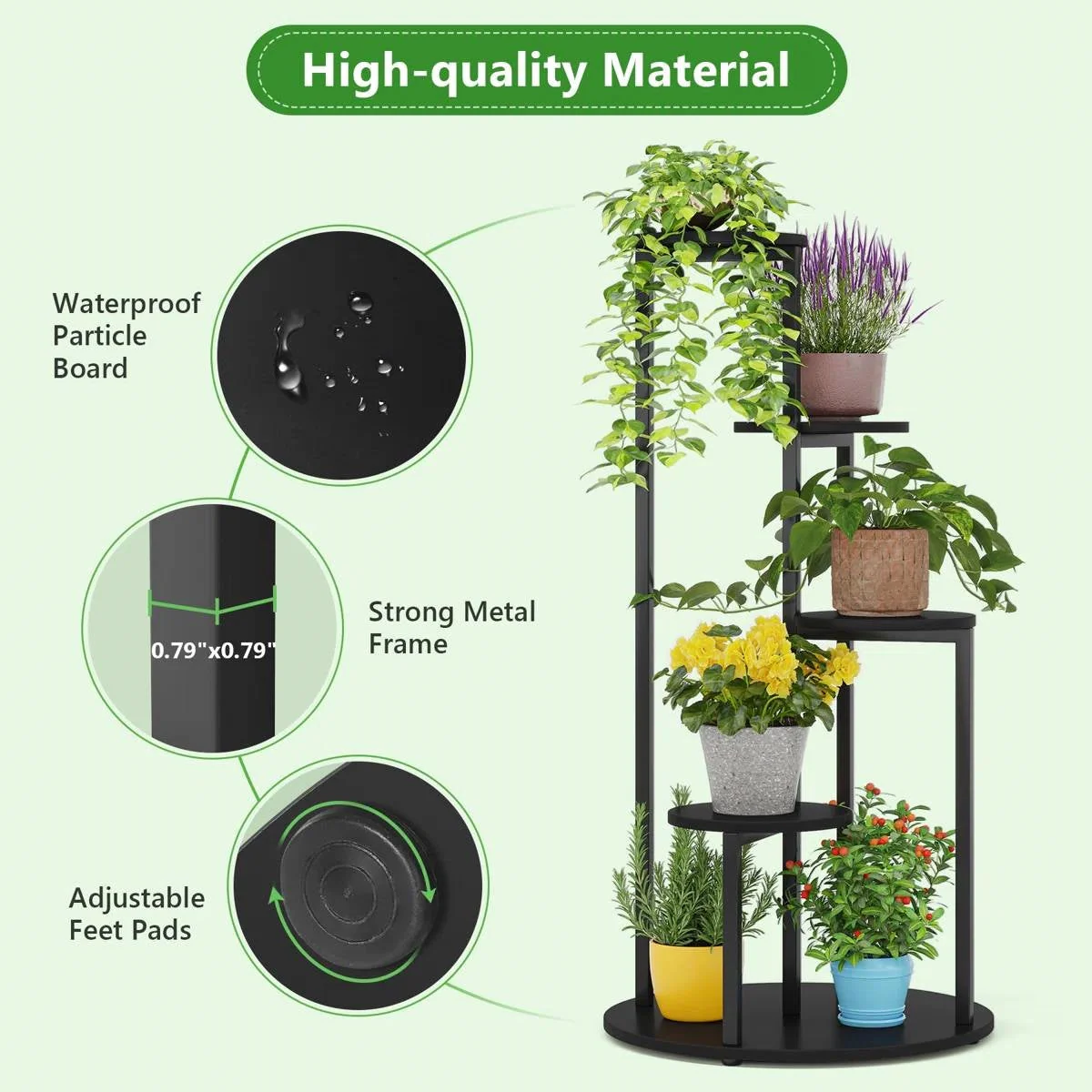 5-Tier Indoor Plant Stand with Black Metal Frame and Brown Wood Finish Shelves - Image 4