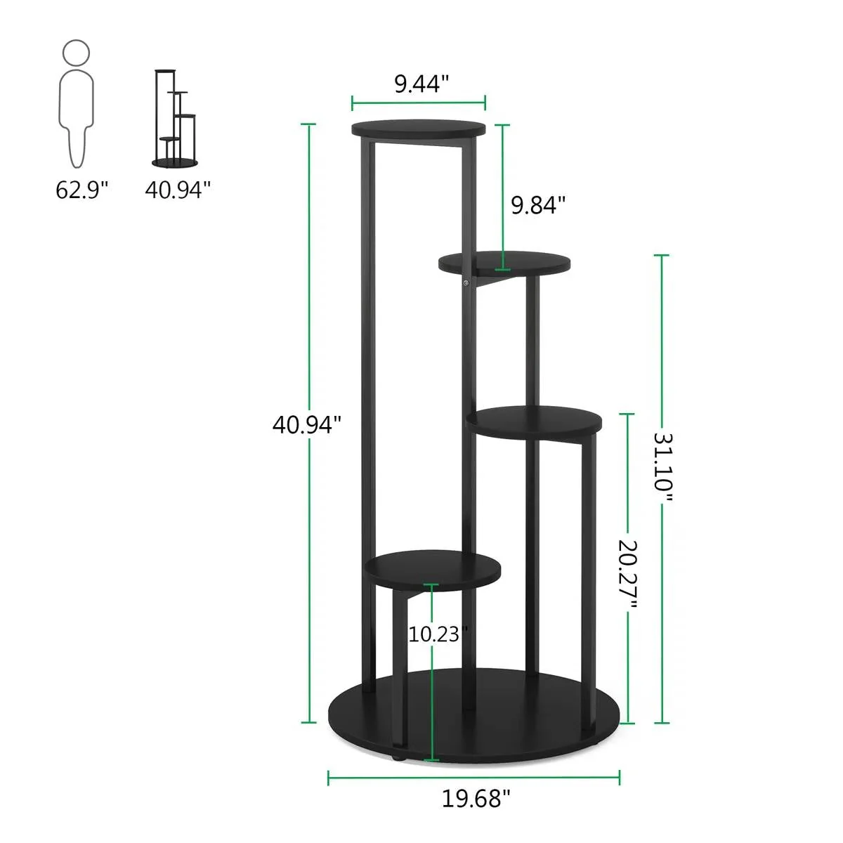 5-Tier Indoor Plant Stand with Black Metal Frame and Brown Wood Finish Shelves - Image 5