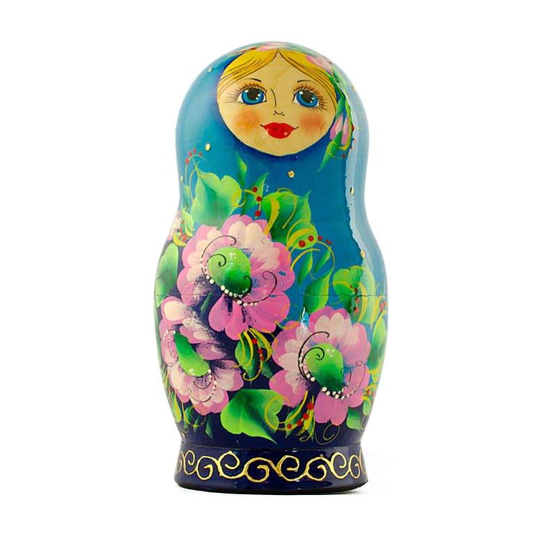 5 Turquoise Scarf with Poppy Flowers  Nesting Dolls 7 Inches - Image 2