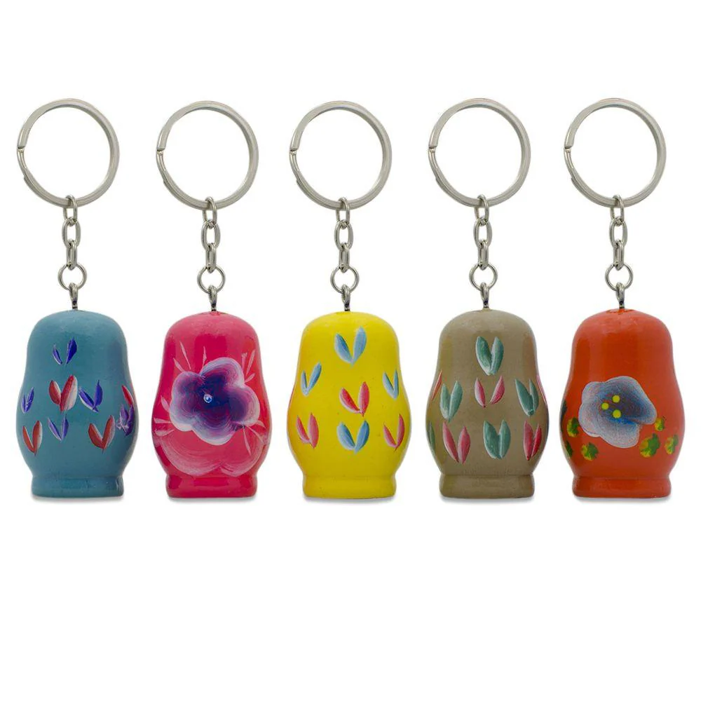5 Wooden Nesting Dolls Key Chains 1.75 Inches - Image 2