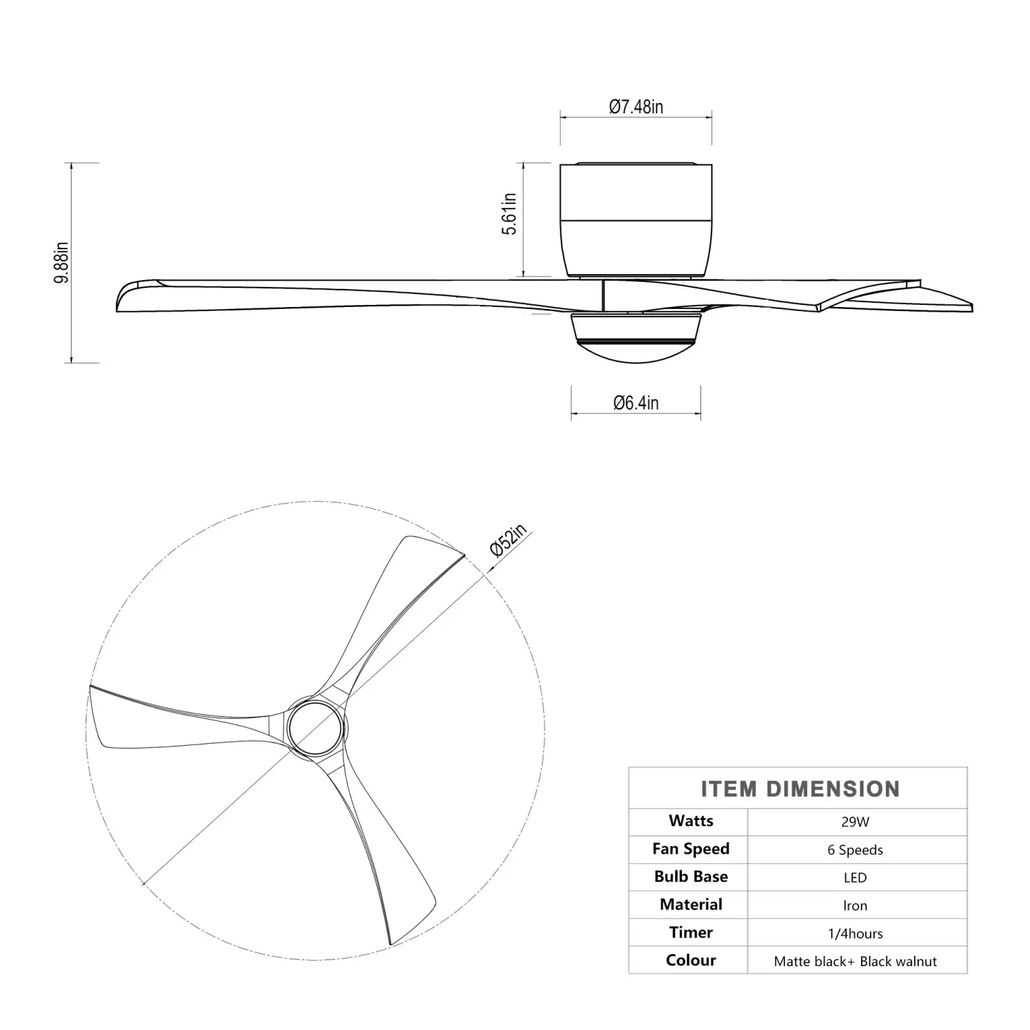 52" Ceiling Fan with Light for Bedroom, 3 Blades, Remote Control - Image 2