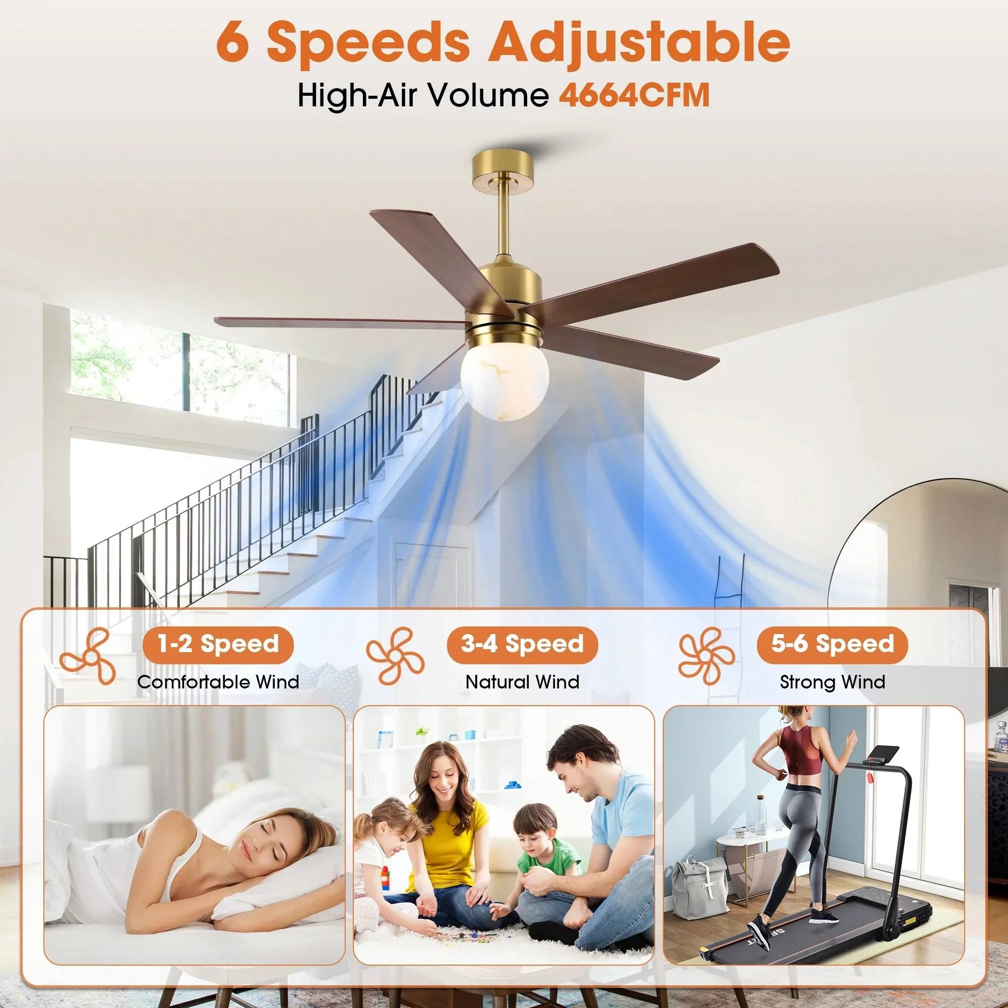 52 Inch Alva Double-sided Blades Downrod Mount LED Ceiling Fan with Remote Control - Image 5