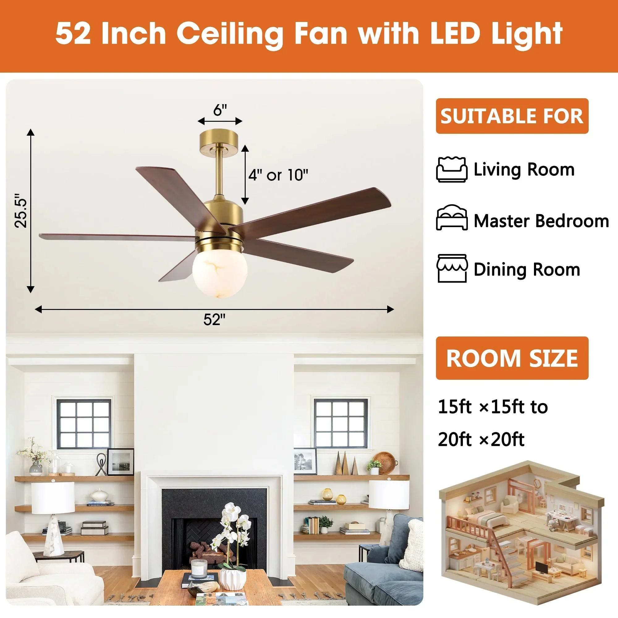 52 Inch Alva Double-sided Blades Downrod Mount LED Ceiling Fan with Remote Control - Image 6