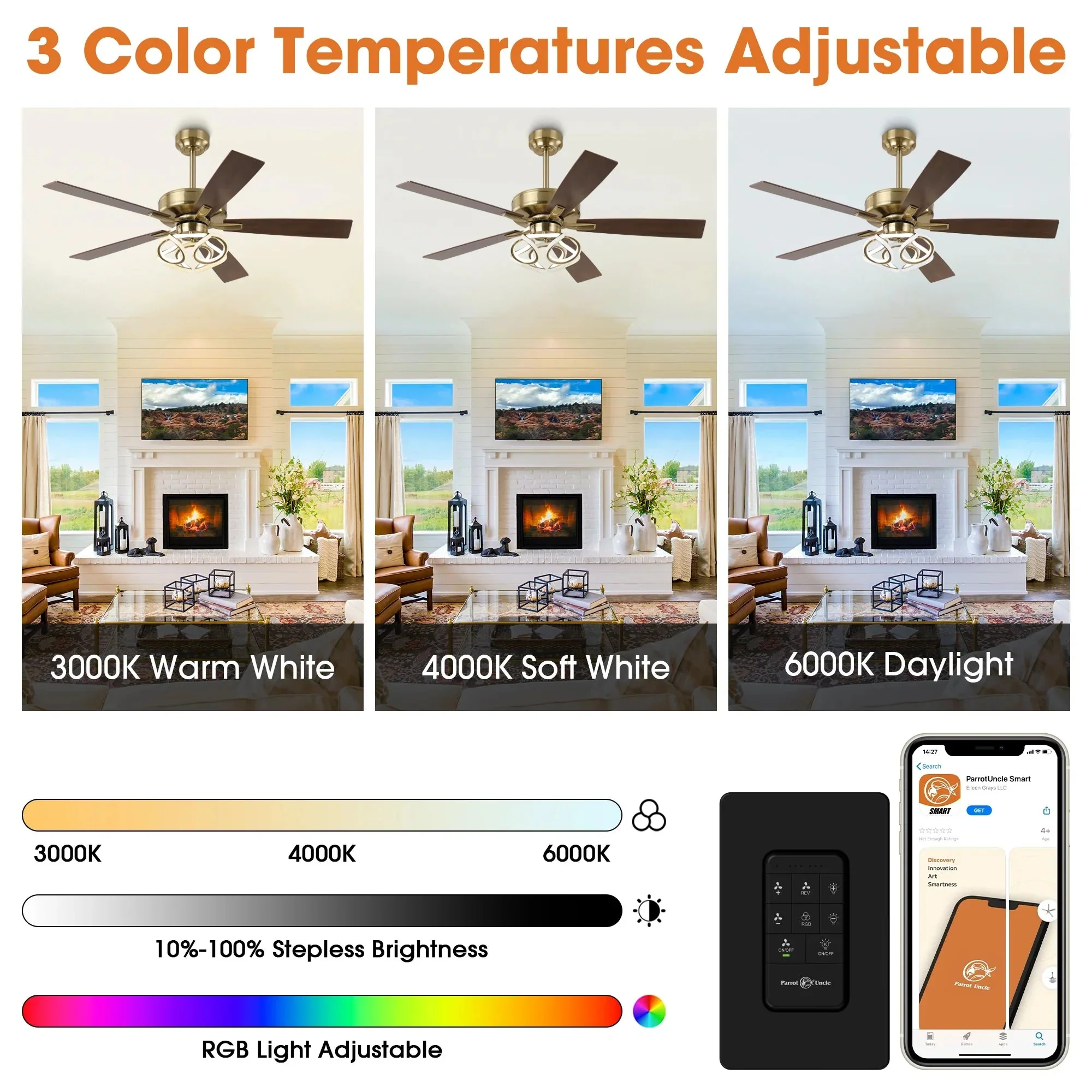 52 Inch Boyd Antique-bronze Golden Downrod Mount RGB LED Smart Fan - Image 7
