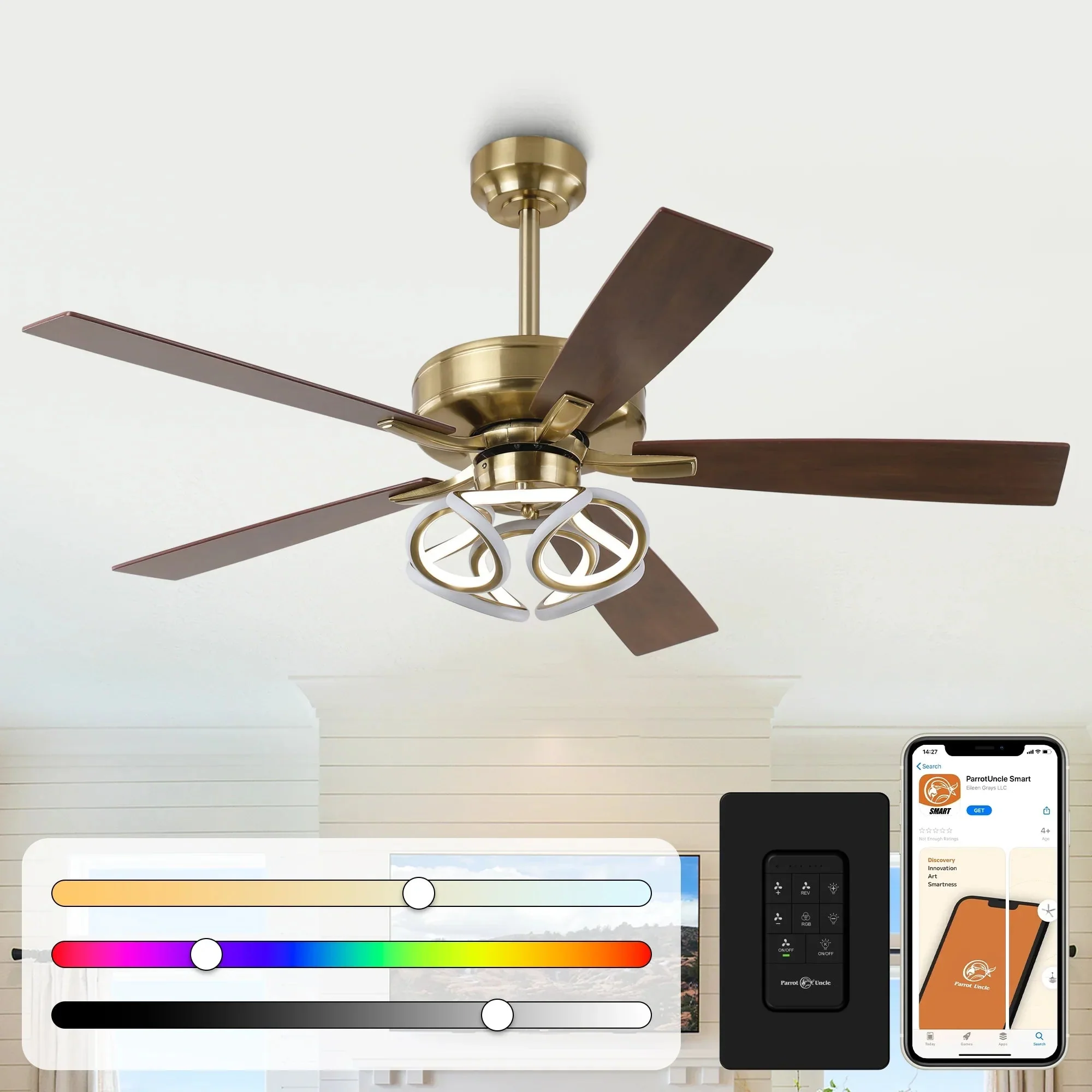 52 Inch Boyd Antique-bronze Golden Downrod Mount RGB LED Smart Fan - Image 8