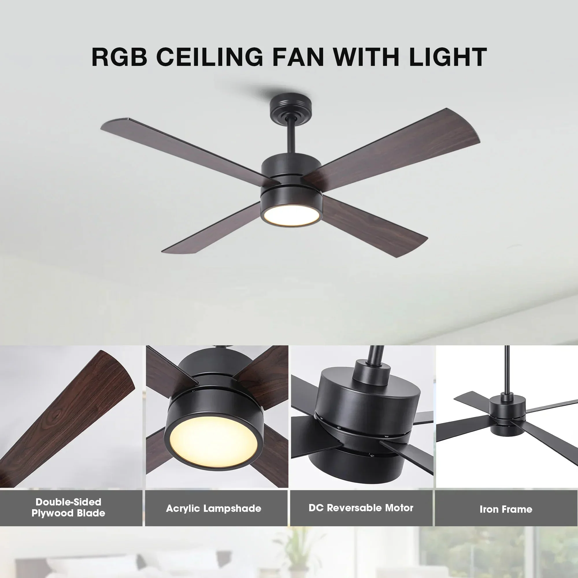 52 Inch Bucholz Industrial Dimmable RGB LED Ceiling Fan with Remote and APP Control - Image 10