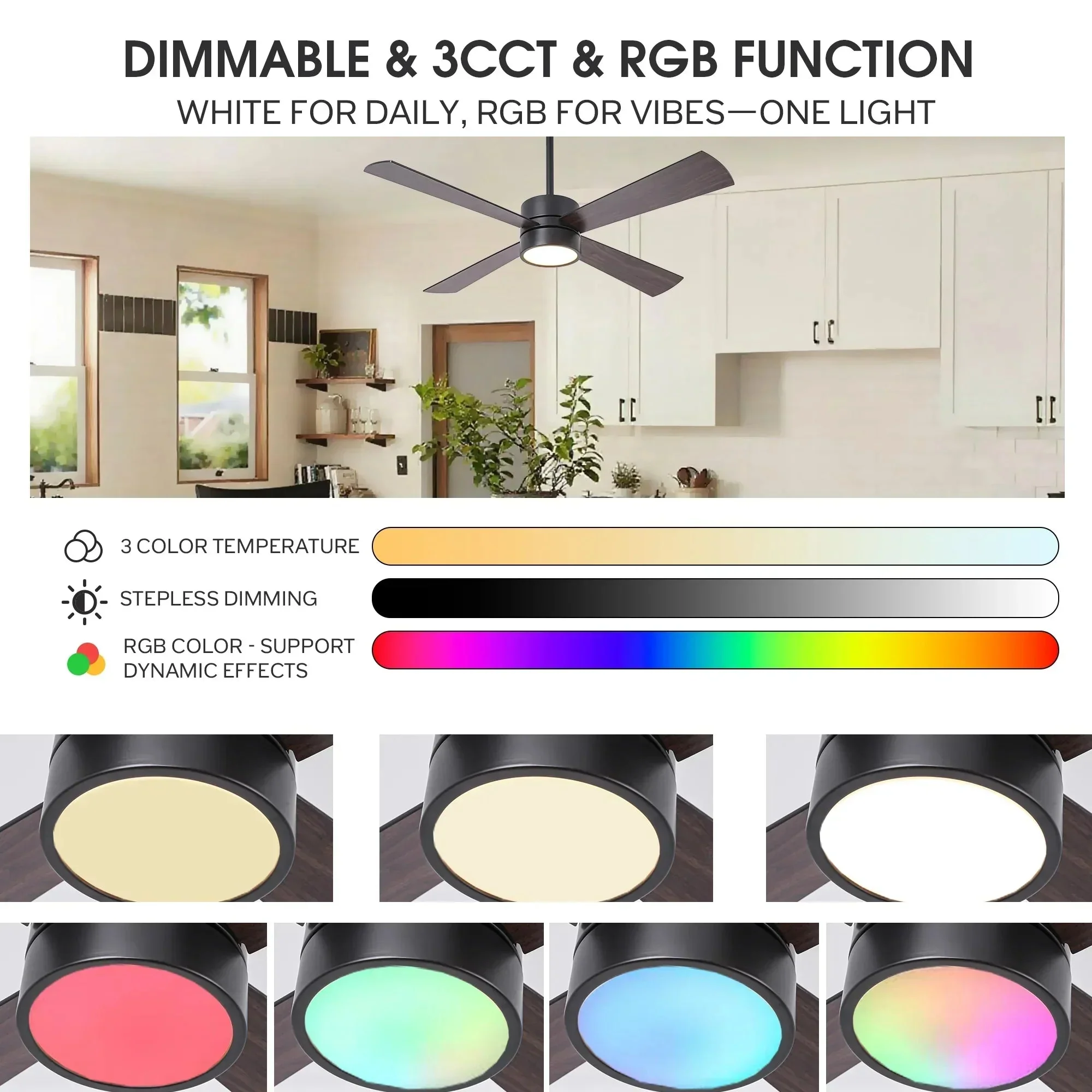 52 Inch Bucholz Industrial Dimmable RGB LED Ceiling Fan with Remote and APP Control - Image 11