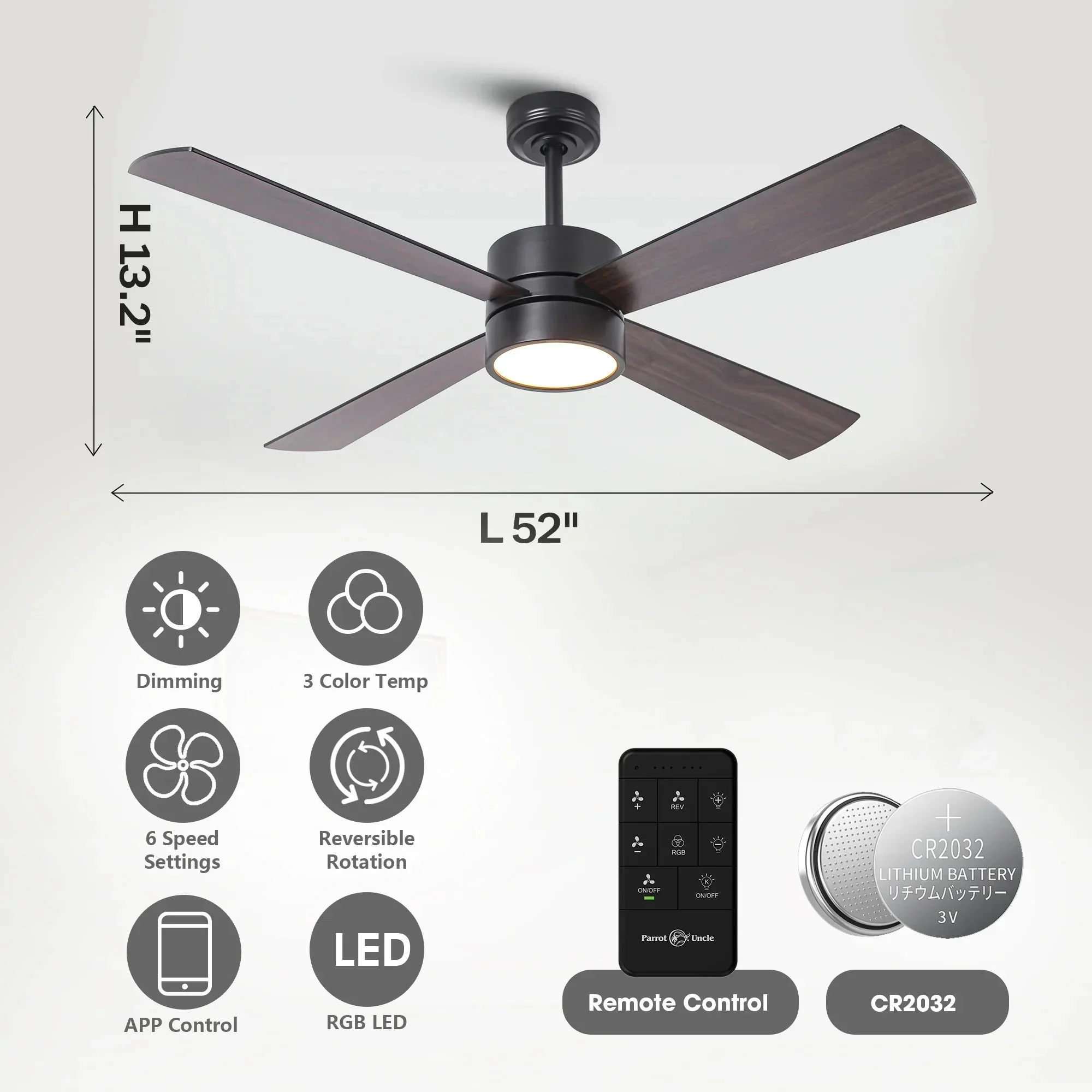 52 Inch Bucholz Industrial Dimmable RGB LED Ceiling Fan with Remote and APP Control - Image 15