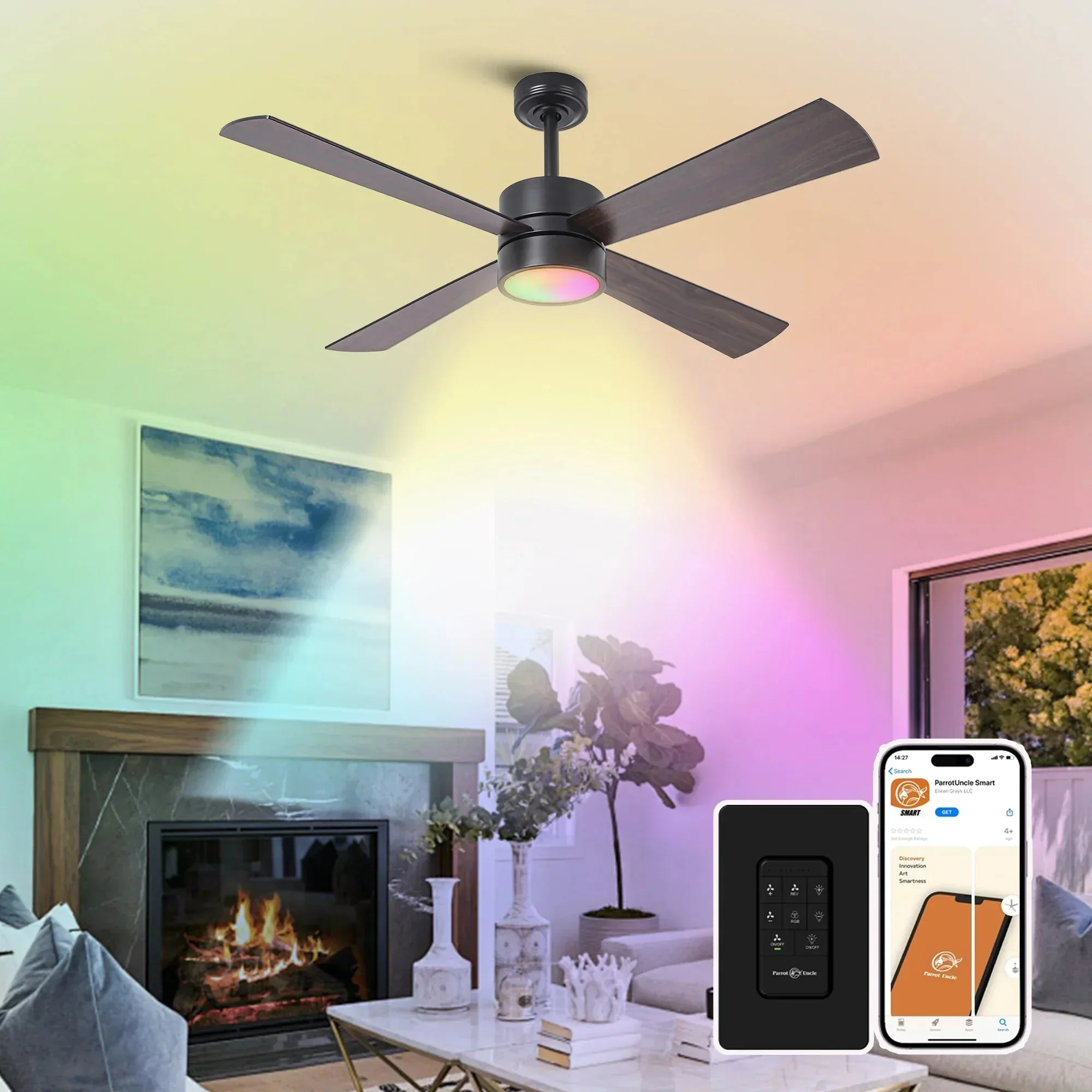 52 Inch Bucholz Industrial Dimmable RGB LED Ceiling Fan with Remote and APP Control - Image 6