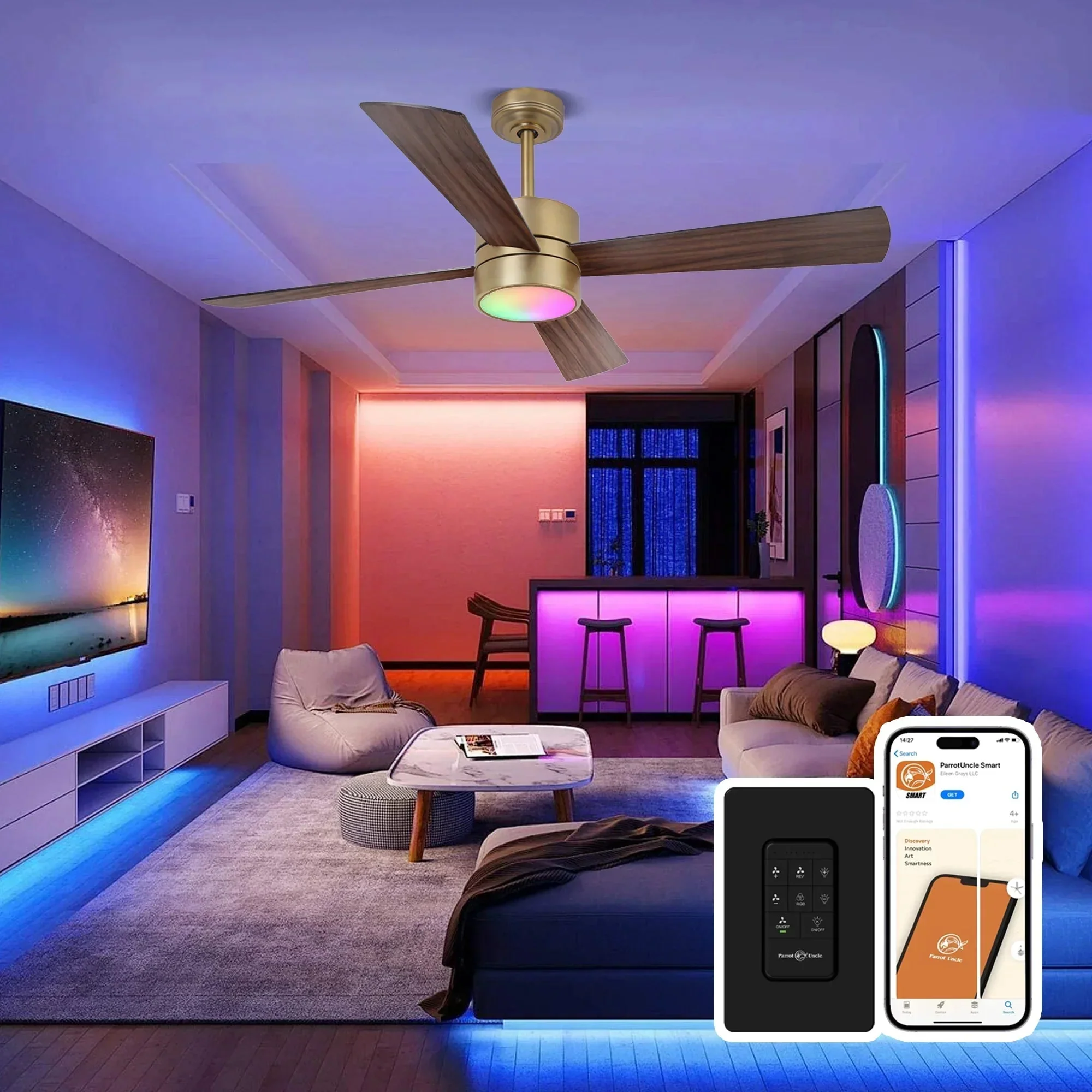 52 Inch Bucholz Industrial Dimmable RGB LED Ceiling Fan with Remote and APP Control - Image 7