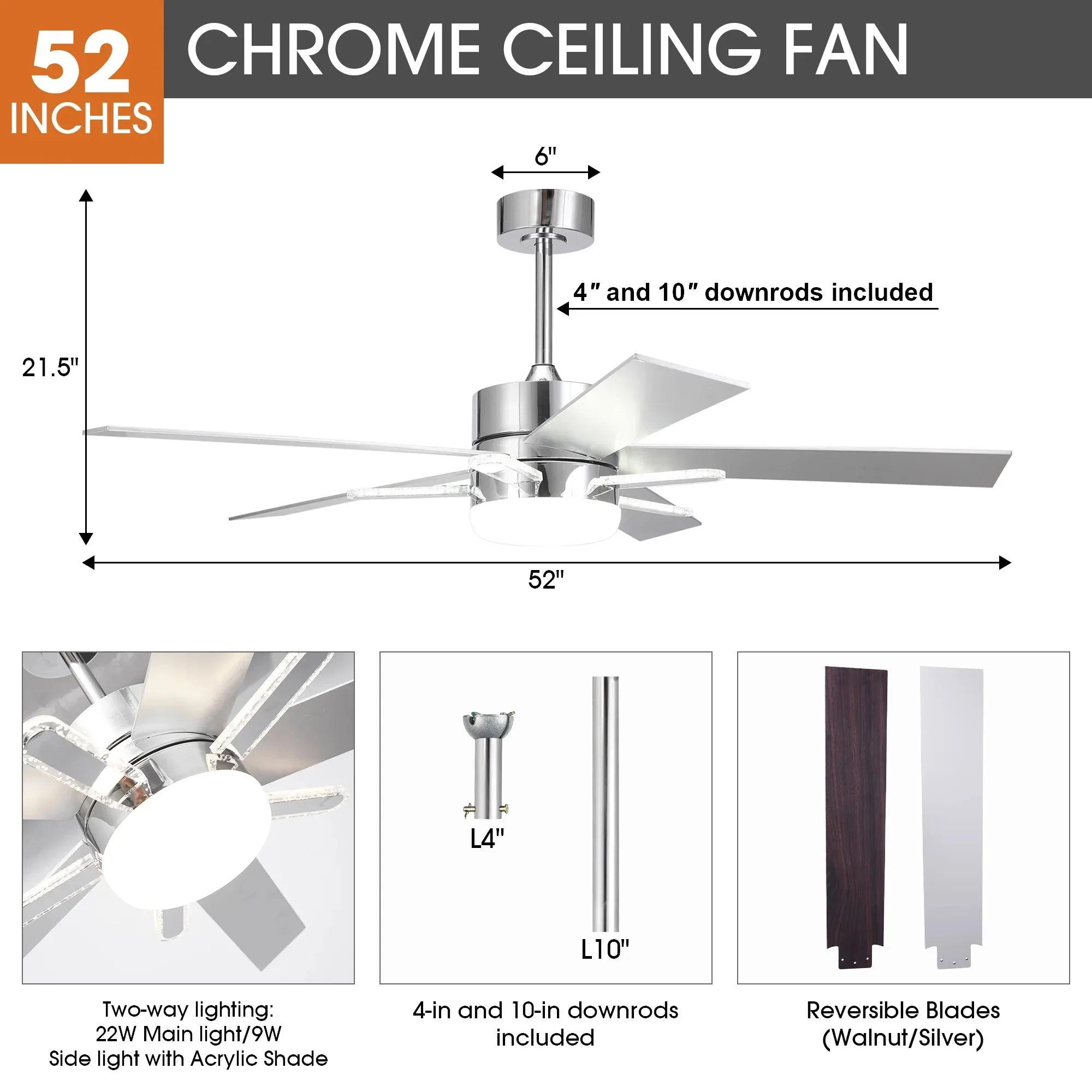 52 Inch Double-sided Blades Modern Downrod Mount Ceiling Fan with Main/Side LED Light - Image 10