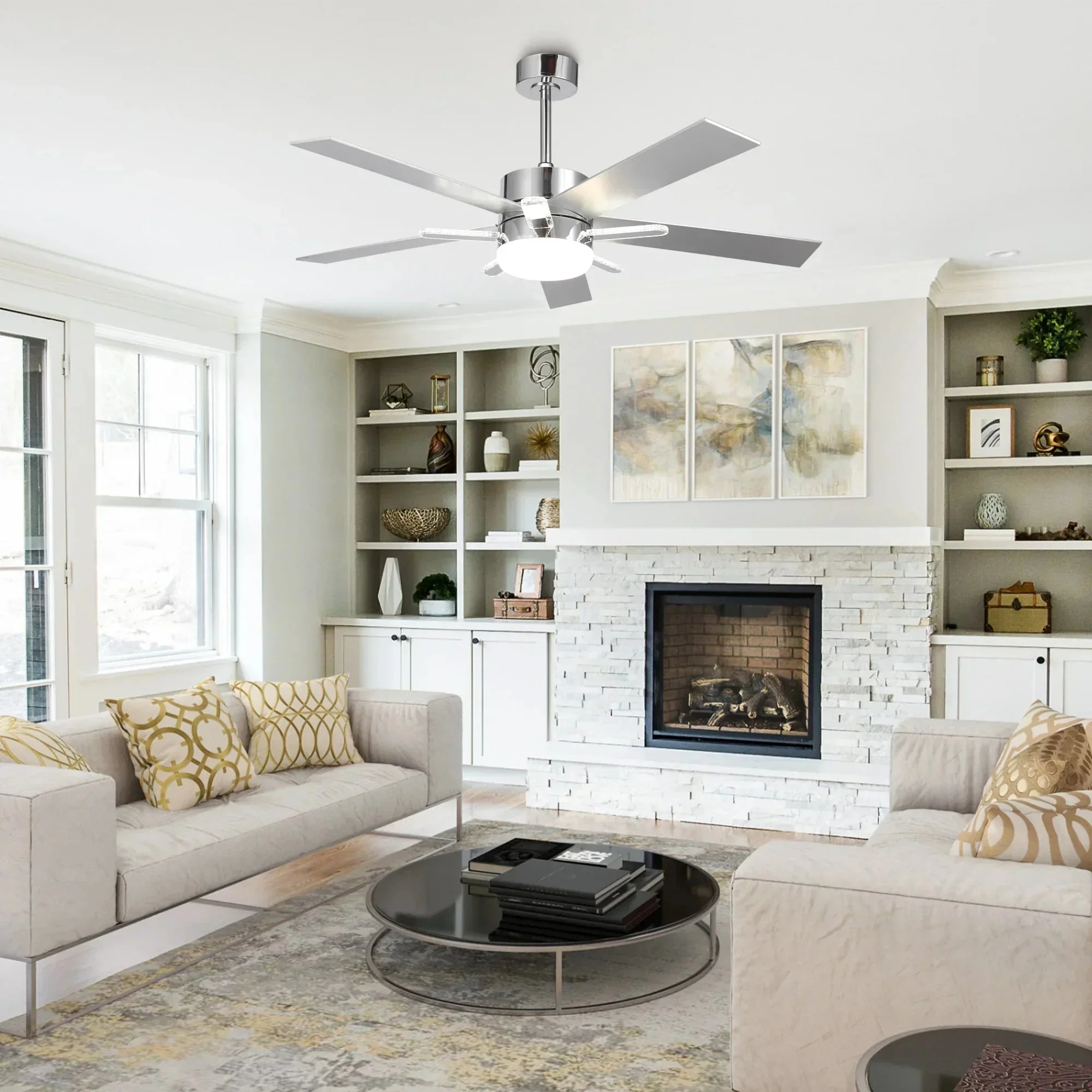 52 Inch Double-sided Blades Modern Downrod Mount Ceiling Fan with Main/Side LED Light - Image 2