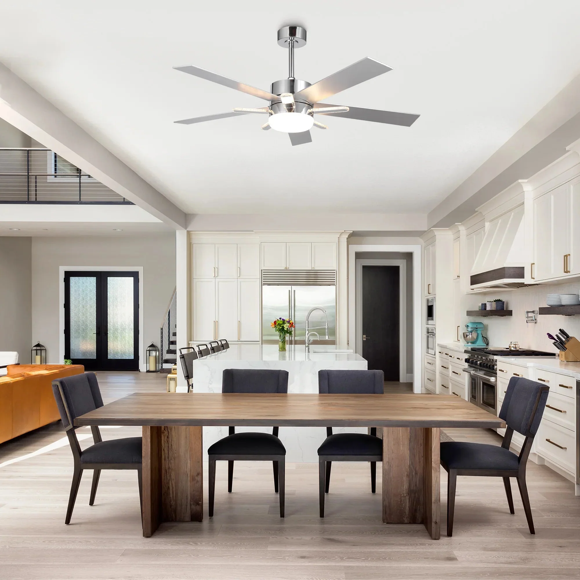 52 Inch Double-sided Blades Modern Downrod Mount Ceiling Fan with Main/Side LED Light - Image 3