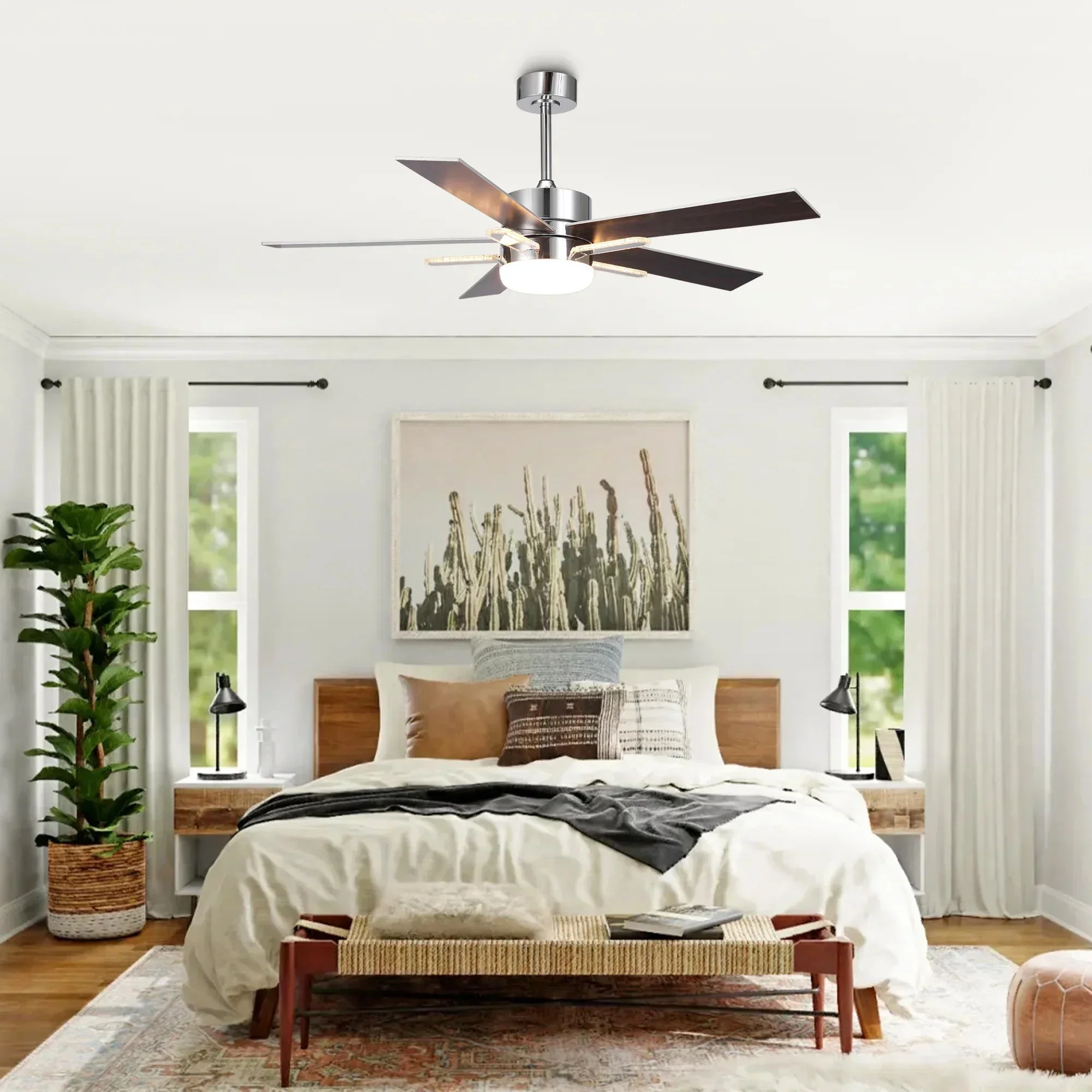 52 Inch Double-sided Blades Modern Downrod Mount Ceiling Fan with Main/Side LED Light - Image 4