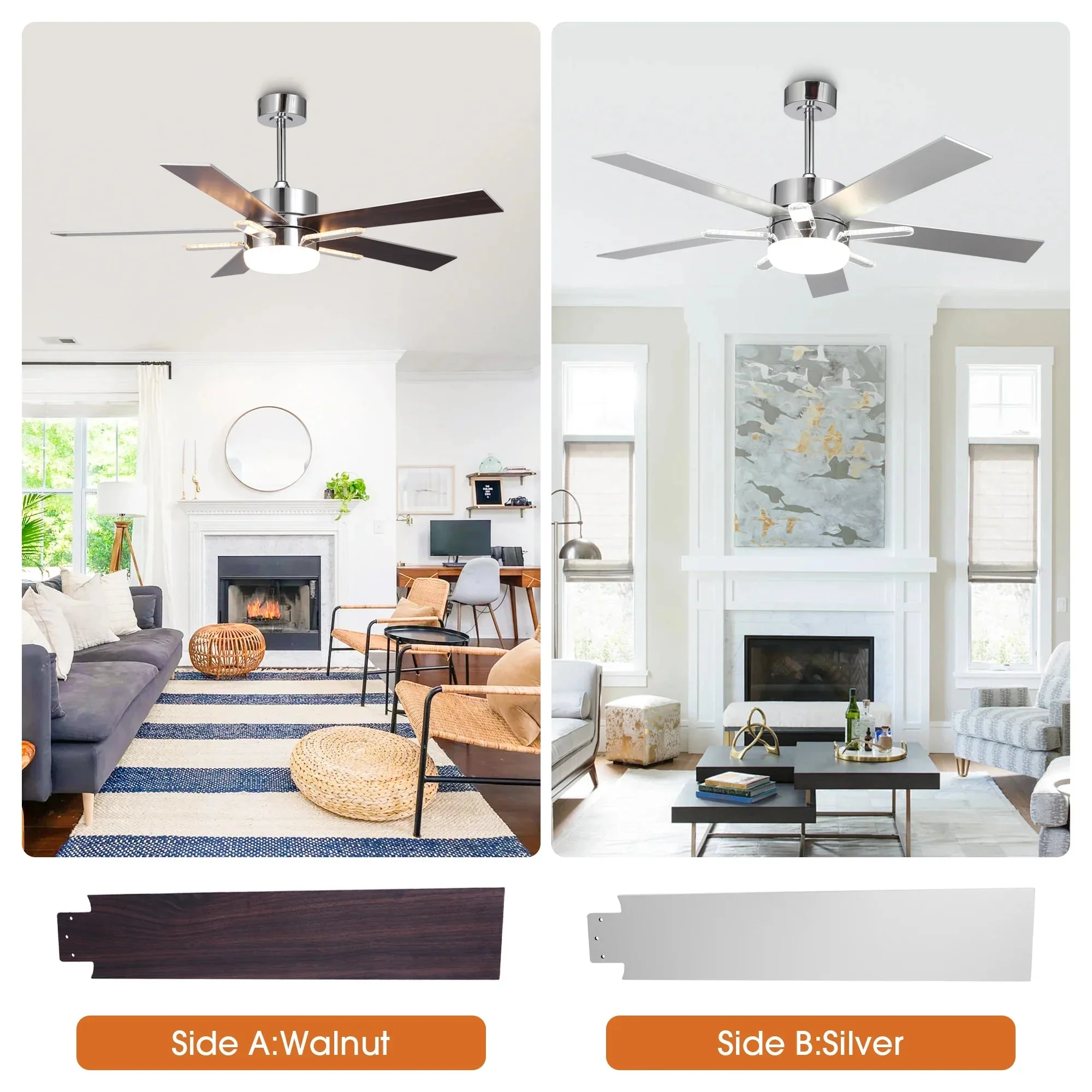 52 Inch Double-sided Blades Modern Downrod Mount Ceiling Fan with Main/Side LED Light - Image 5