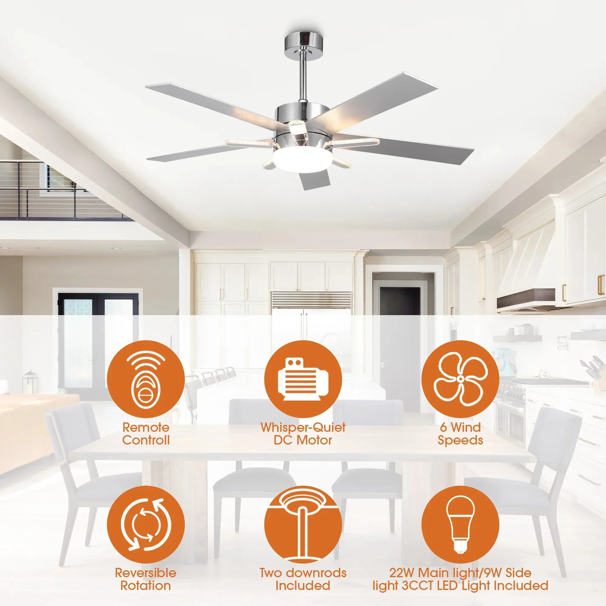 52 Inch Double-sided Blades Modern Downrod Mount Ceiling Fan with Main/Side LED Light - Image 6