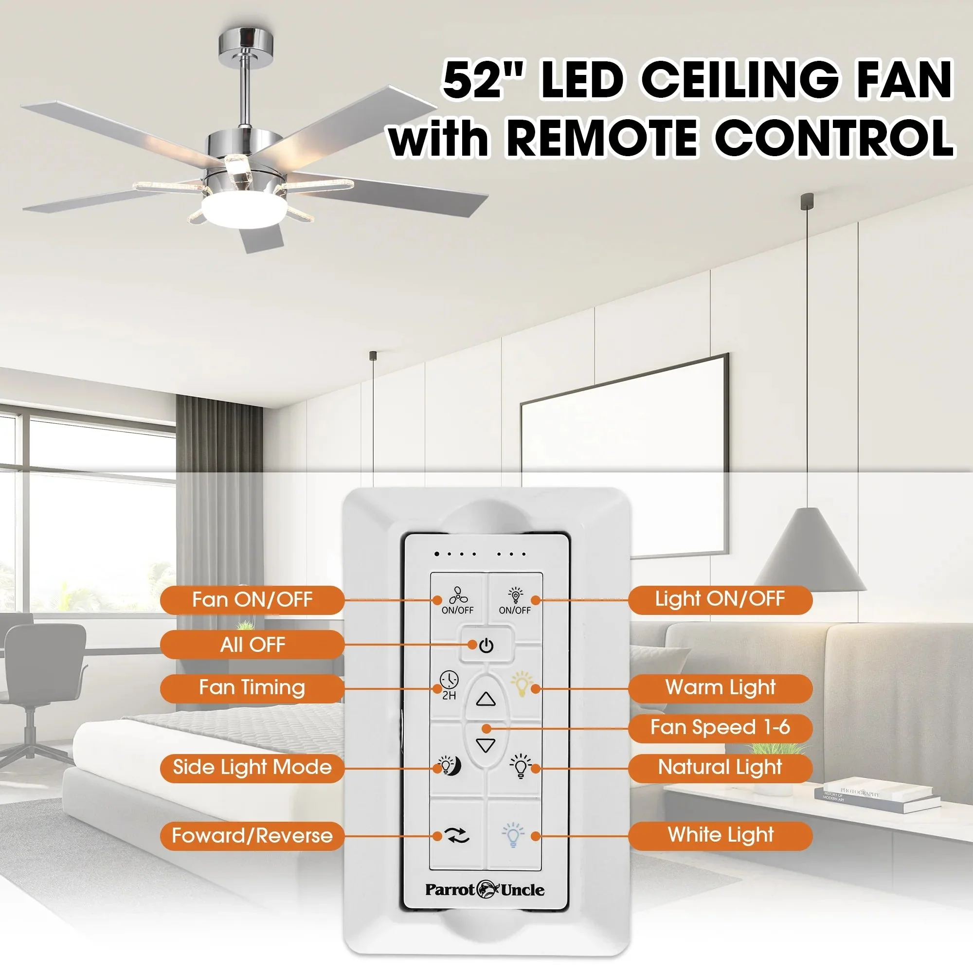 52 Inch Double-sided Blades Modern Downrod Mount Ceiling Fan with Main/Side LED Light - Image 7