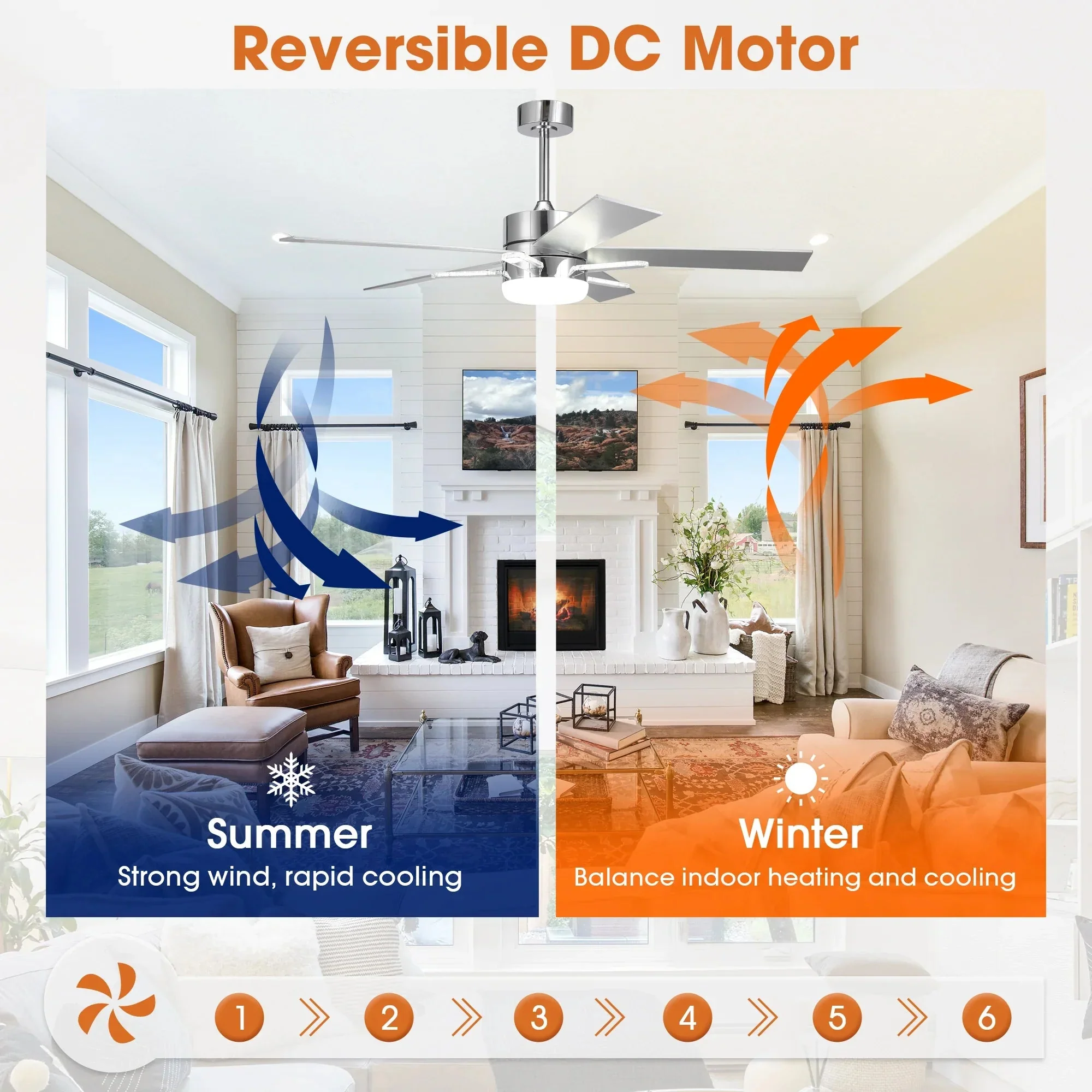 52 Inch Double-sided Blades Modern Downrod Mount Ceiling Fan with Main/Side LED Light - Image 8