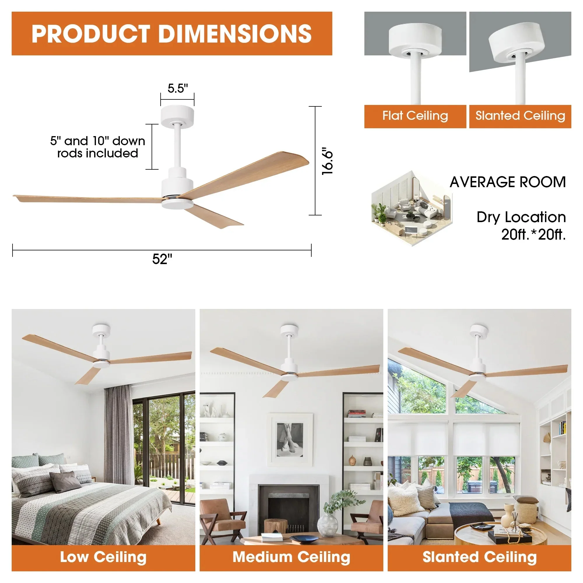 52 Inch Esther 3-Blades Modern Downrod Mount Ceiling Fan with Remote Control - Image 11