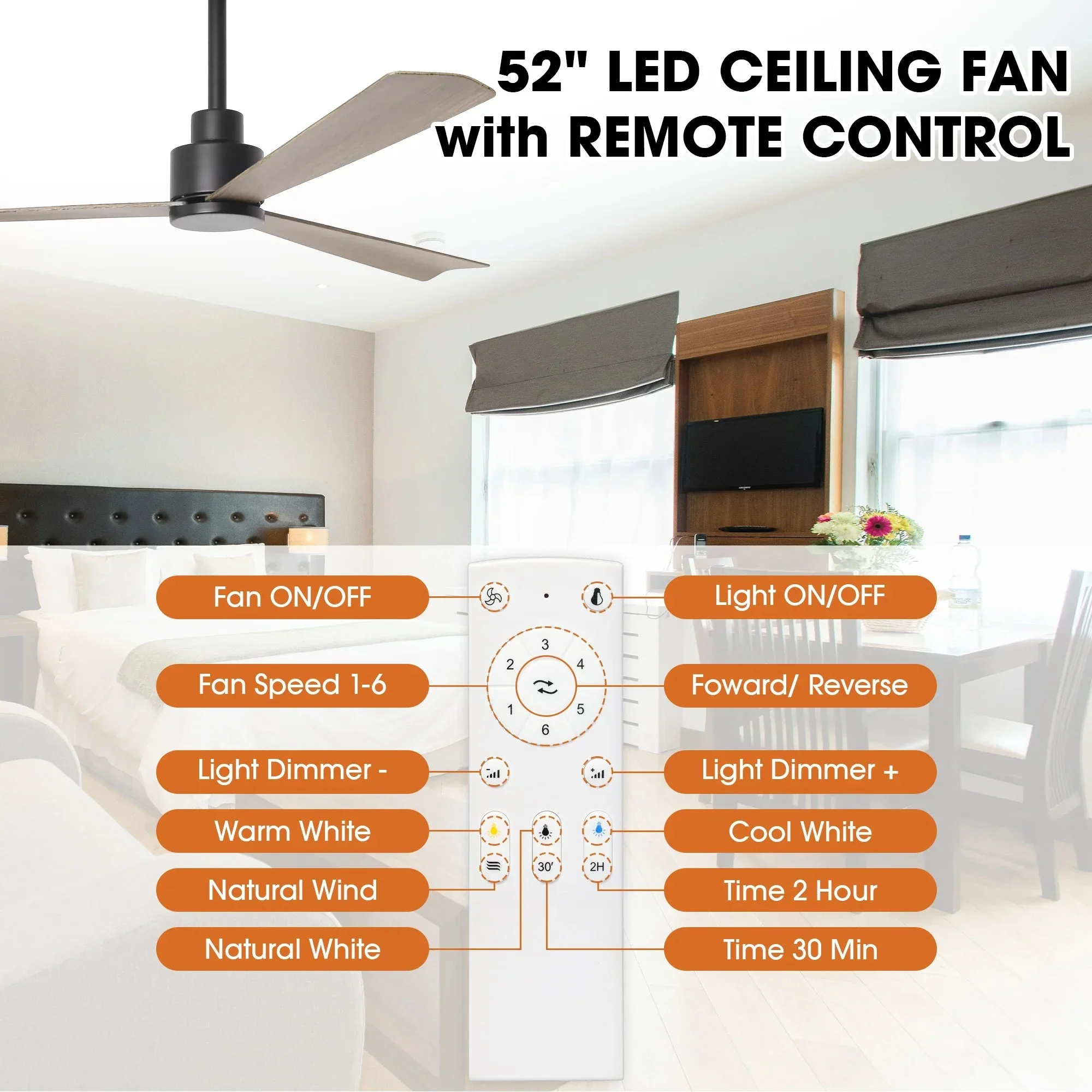 52 Inch Esther 3-Blades Modern Downrod Mount Ceiling Fan with Remote Control - Image 9