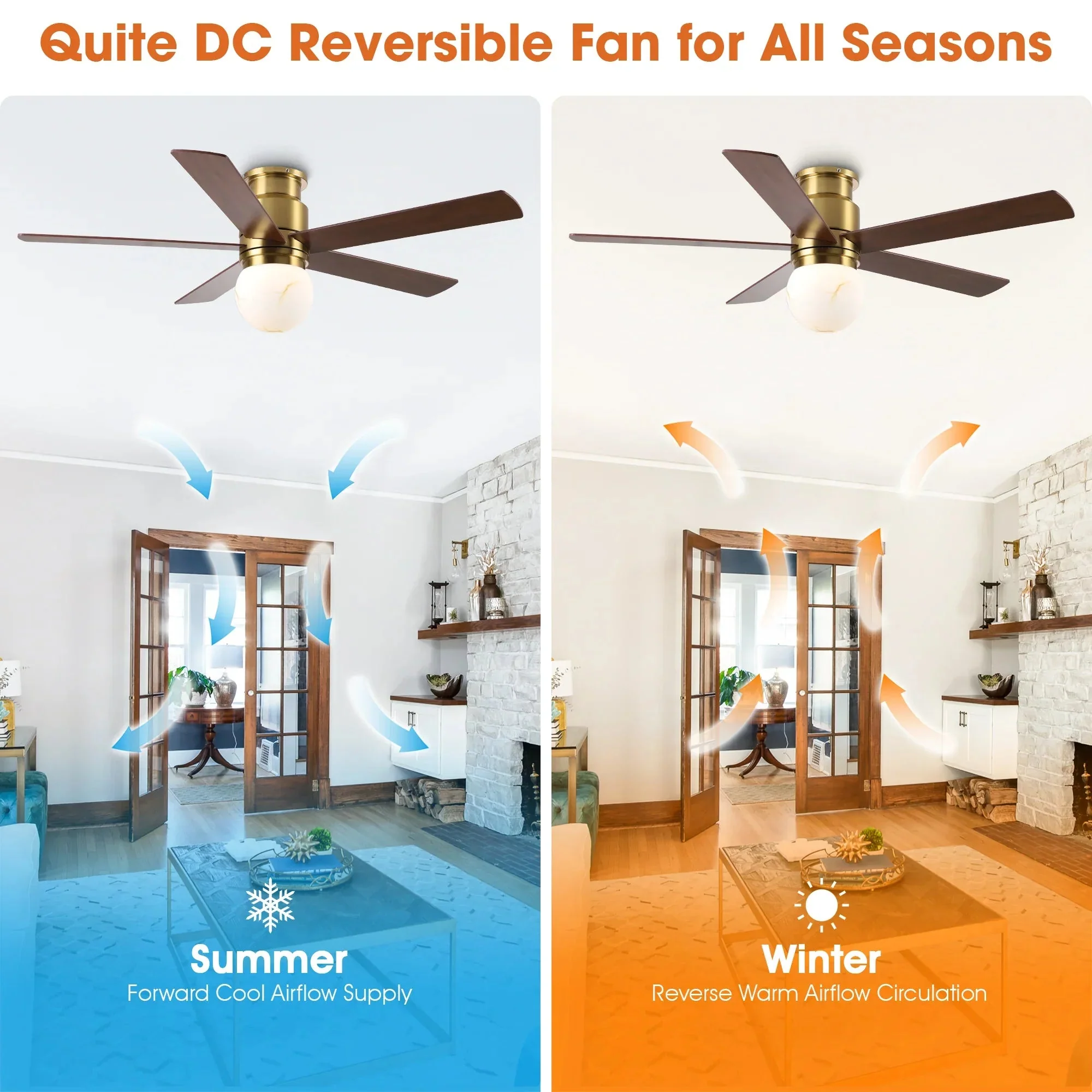52 Inch Fanny Double-sided Blades Flush Mount LED Ceiling Fan with Remote Control - Image 5
