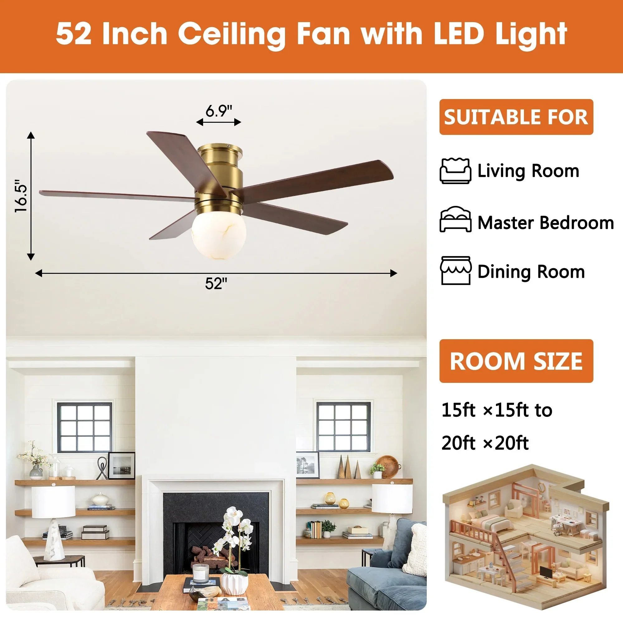 52 Inch Fanny Double-sided Blades Flush Mount LED Ceiling Fan with Remote Control - Image 9