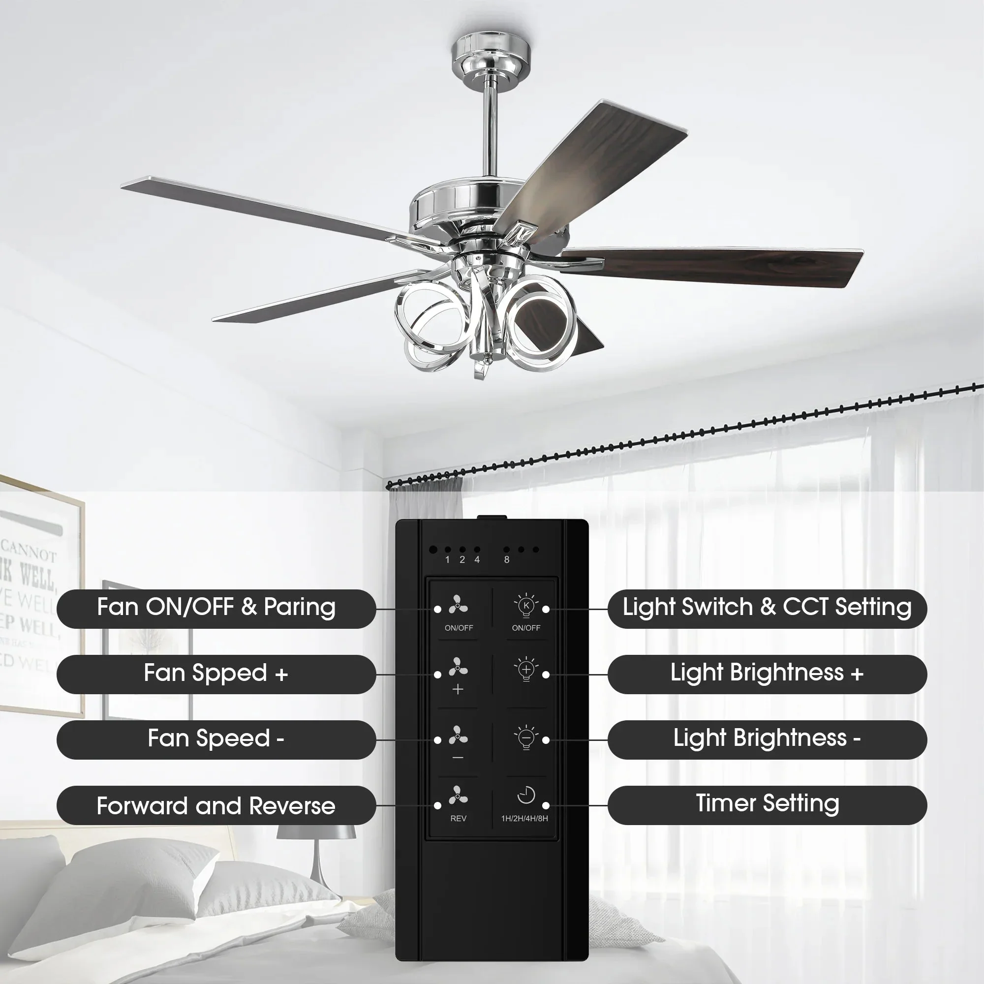 52 Inch Levi Double-sided Blades Downrod Mount LED Ceiling Fan with Remote Control - Image 10