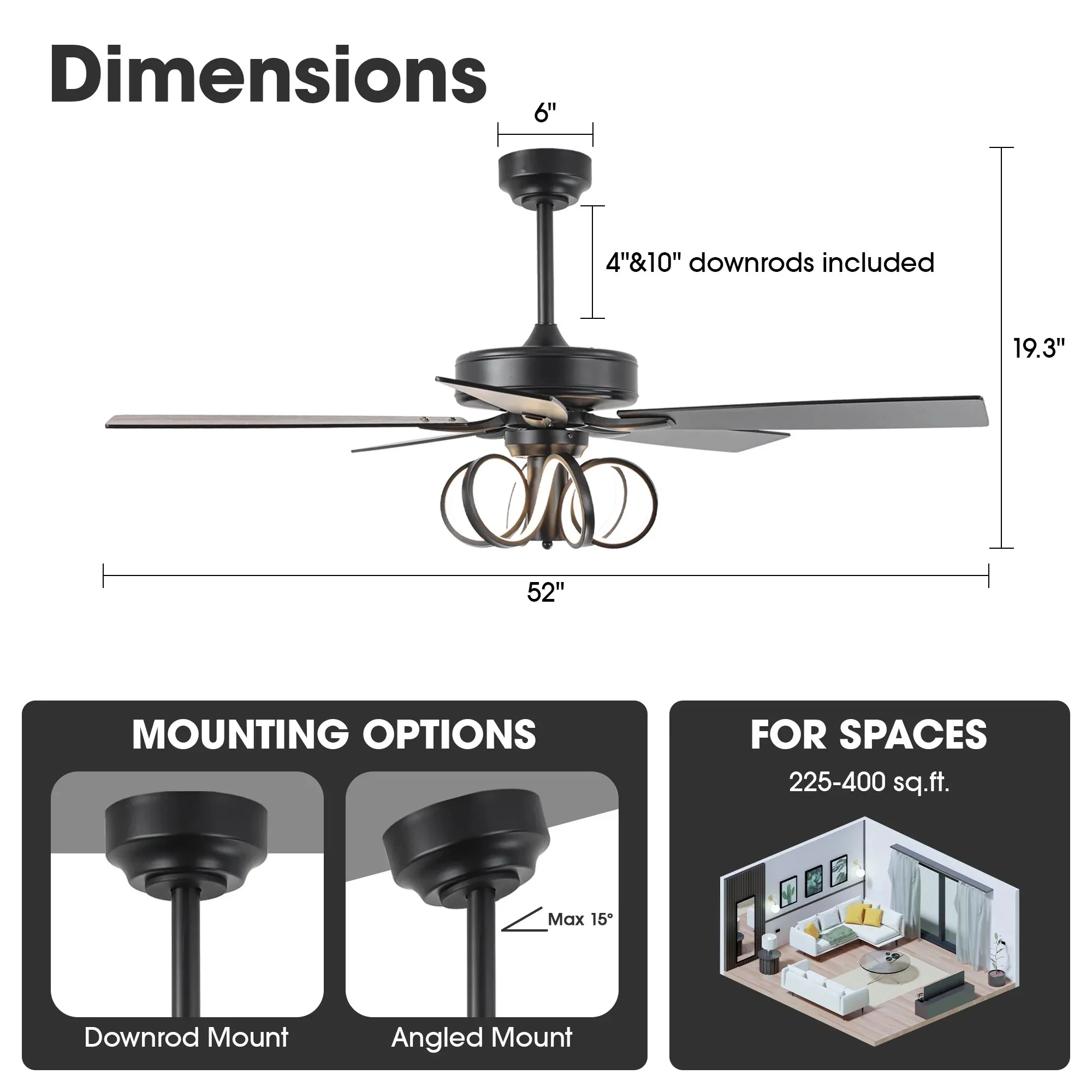 52 Inch Levi Double-sided Blades Downrod Mount LED Ceiling Fan with Remote Control - Image 13