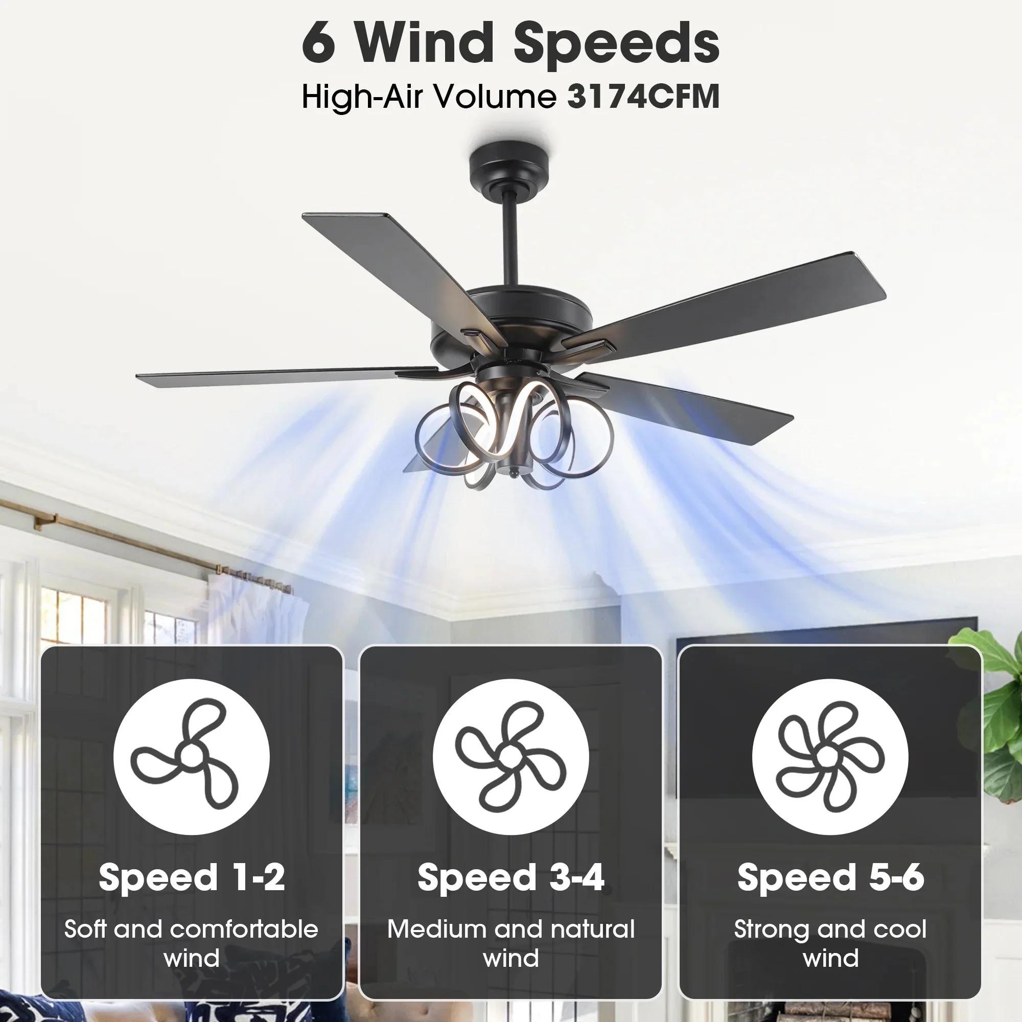 52 Inch Levi Double-sided Blades Downrod Mount LED Ceiling Fan with Remote Control - Image 7