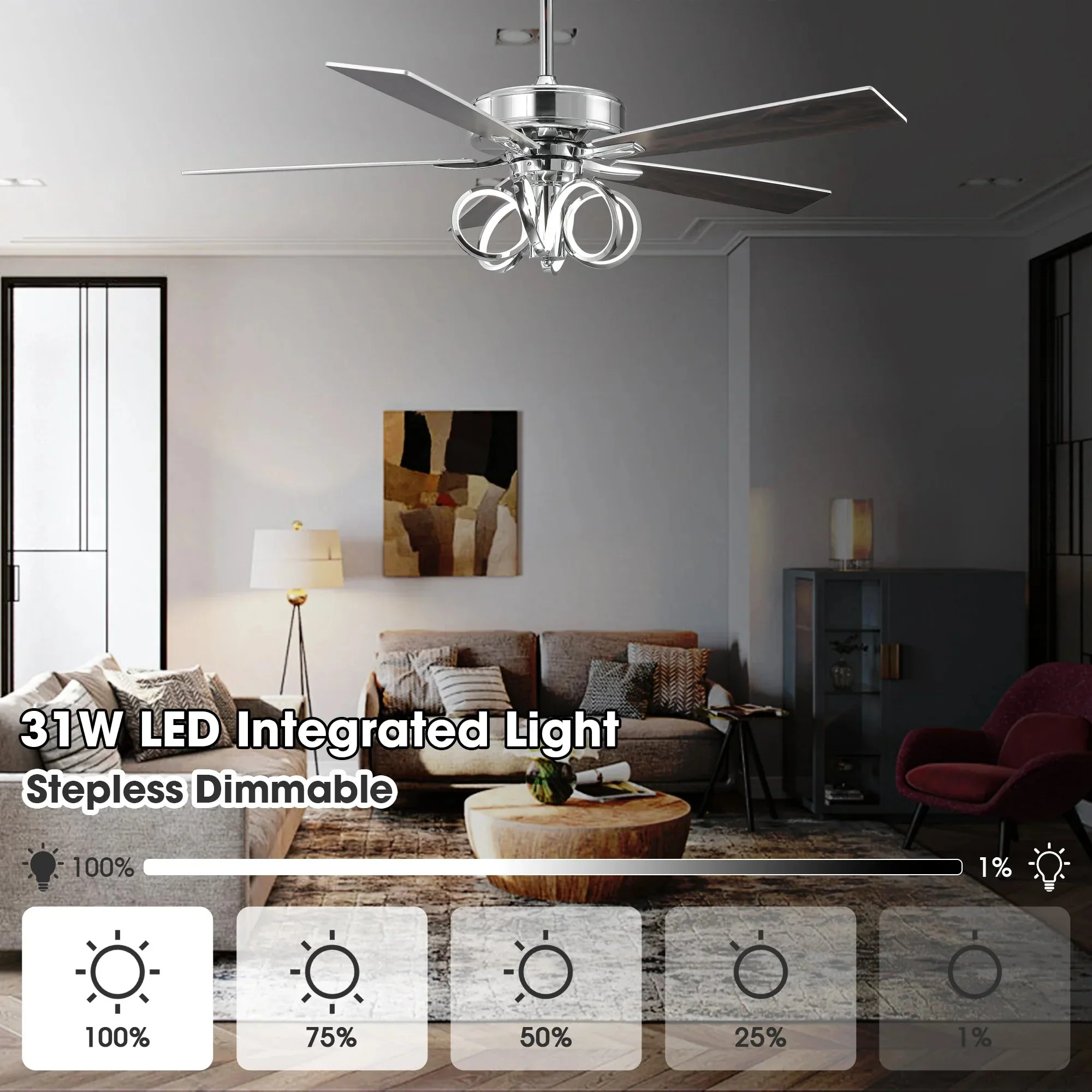 52 Inch Levi Double-sided Blades Downrod Mount LED Ceiling Fan with Remote Control - Image 8
