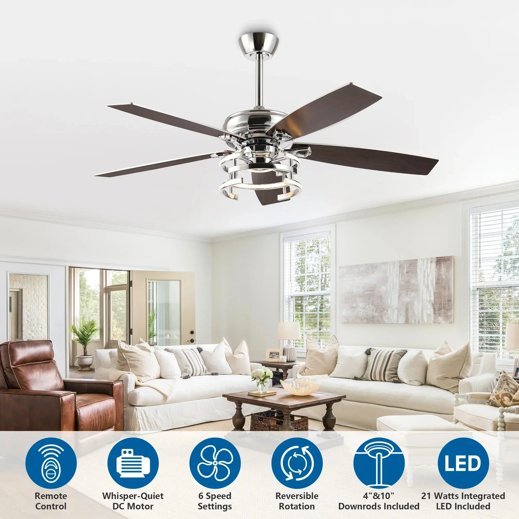 52 Inch Rita Double-sided Blades Downrod Mount LED Ceiling Fan with Remote Control - Image 10