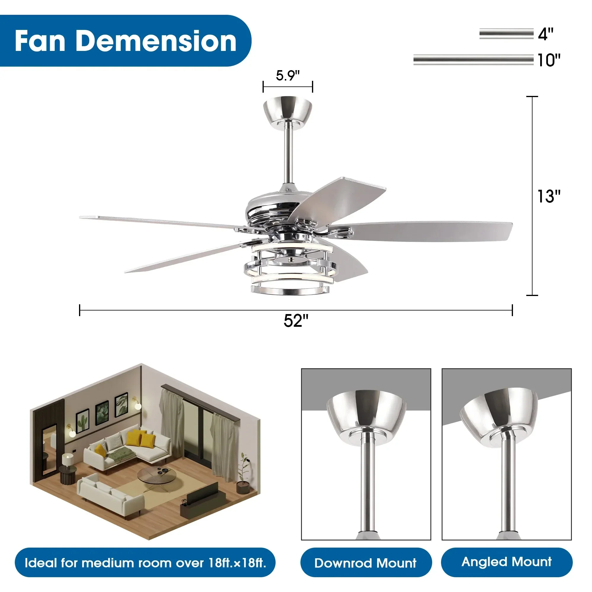 52 Inch Rita Double-sided Blades Downrod Mount LED Ceiling Fan with Remote Control - Image 12
