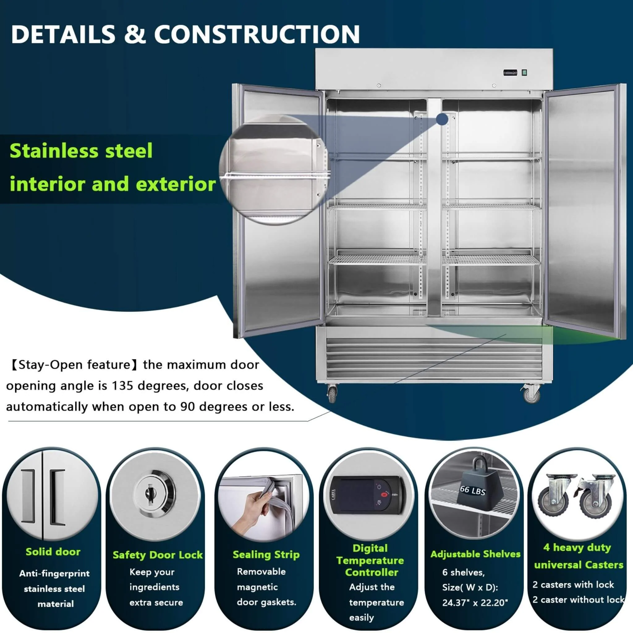 54-Inch 42.2 Cu.Ft Commercial Stainless Steel 2-Section Upright Reach-In Freezer (SAK35148) - Image 4