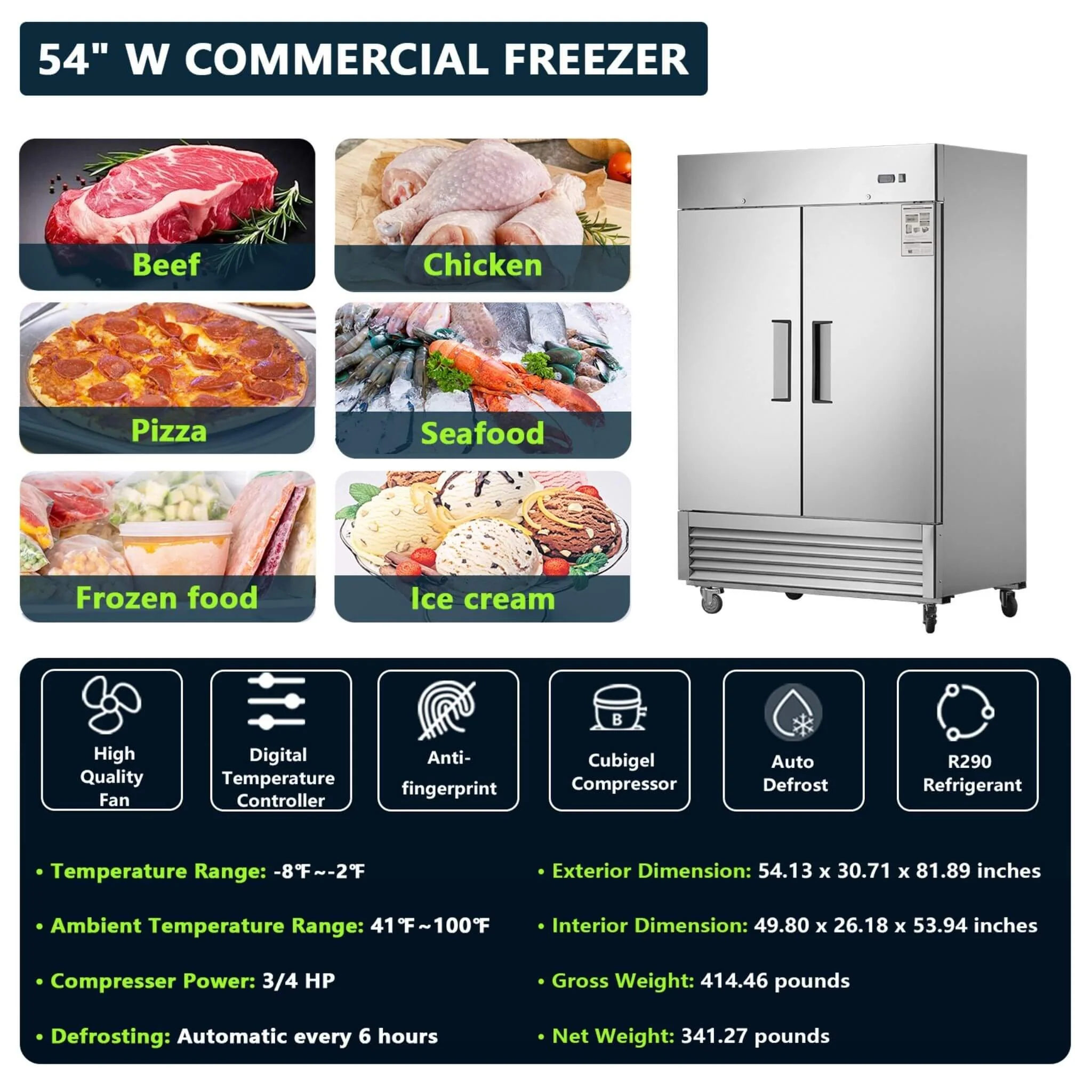 54-Inch 42.2 Cu.Ft Commercial Stainless Steel 2-Section Upright Reach-In Freezer (SAK35148) - Image 5