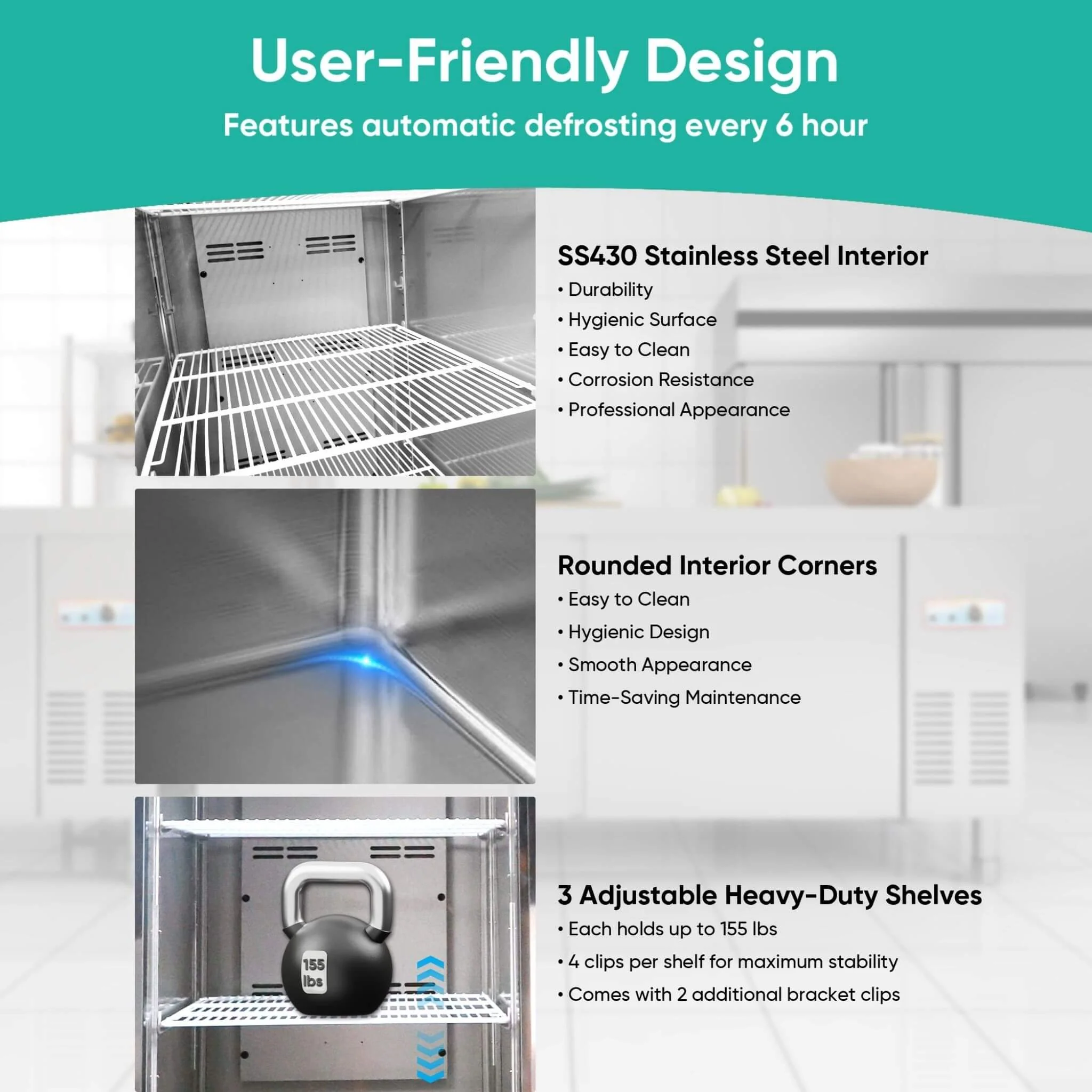 54-Inch 49 Cu.Ft Commercial 6-Shelves Stainless Steel Reach-In Freezer (SAK10247) - Image 8