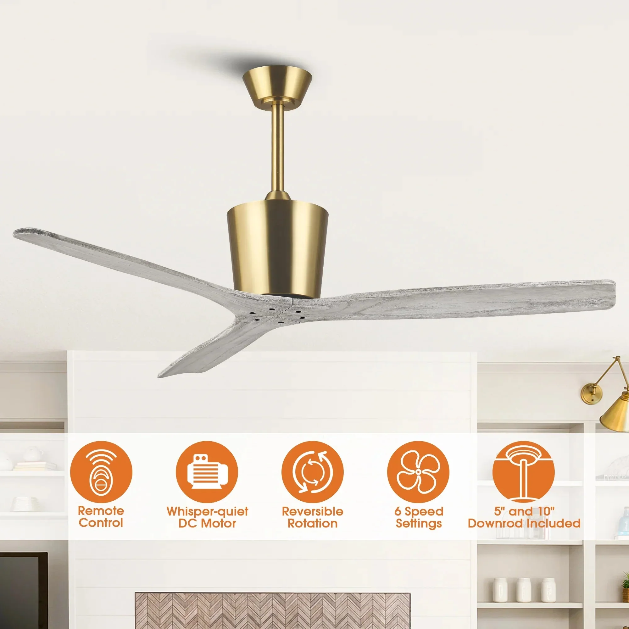 54 Inch Dylan Solid Wood Blades Downrod Mount Ceiling Fan with Remote Control - Image 3